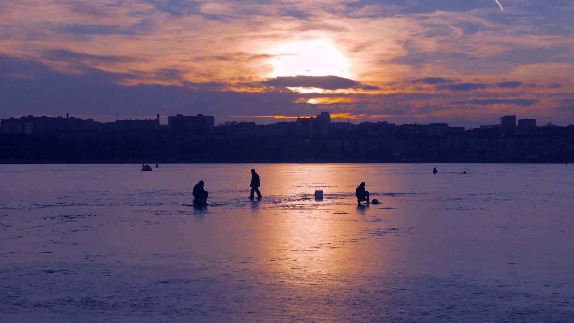 Ice Fishing, frozen lake, vibrant sunset, Full HD Desktop Wallpaper
