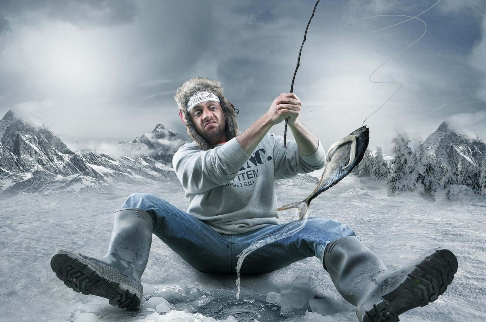 ice fishing, frozen lake, snow-covered mountains, HD Desktop Wallpaper