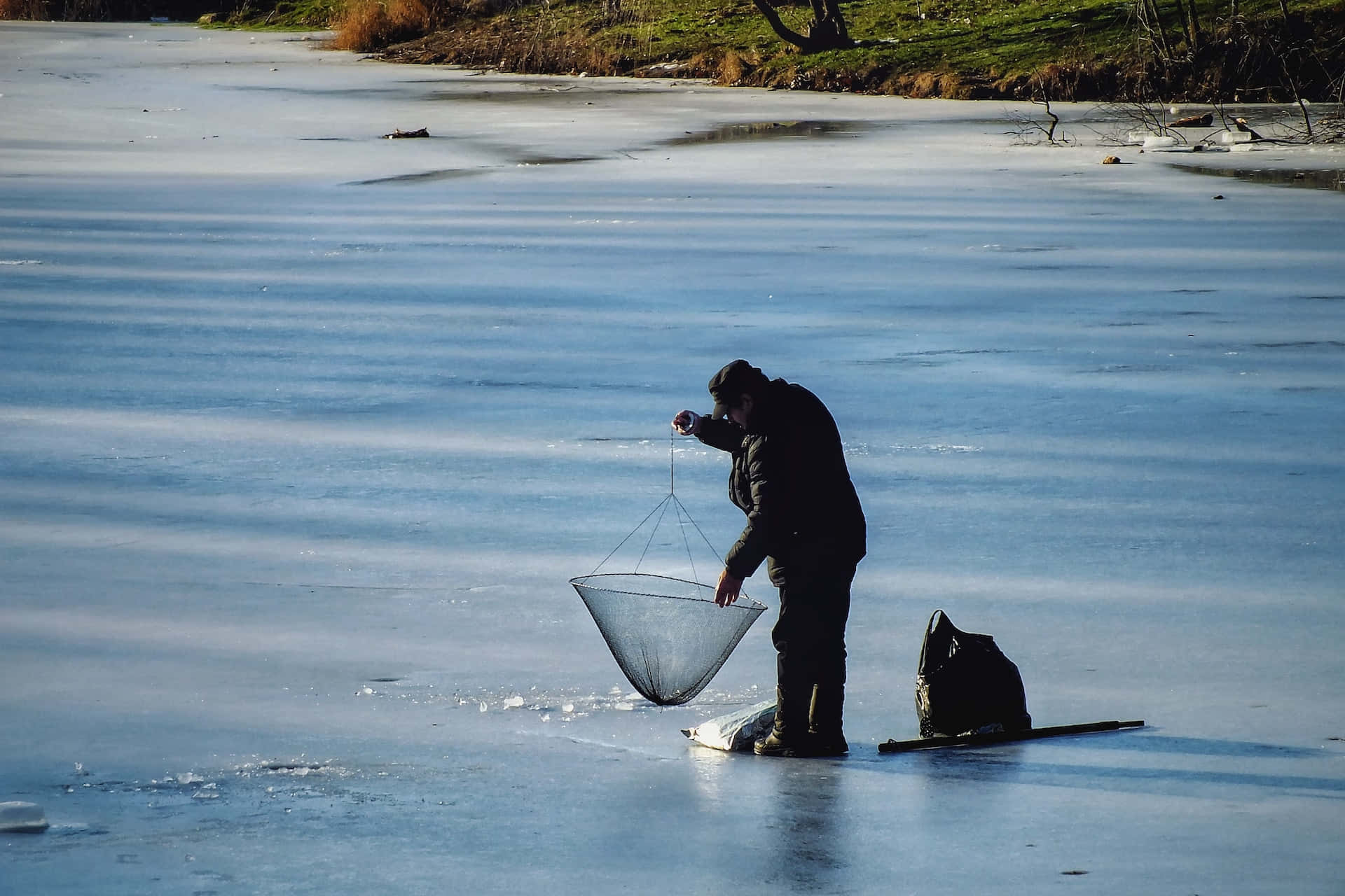 ice fishing, frozen lake, fisherman, Full HD Desktop Wallpaper