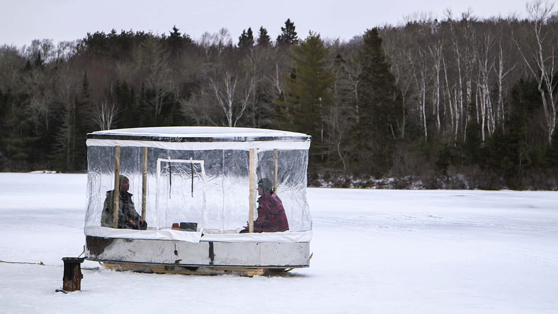 ice fishing, snow-covered ice fishing shelter, frozen lake, Full HD Desktop Wallpaper