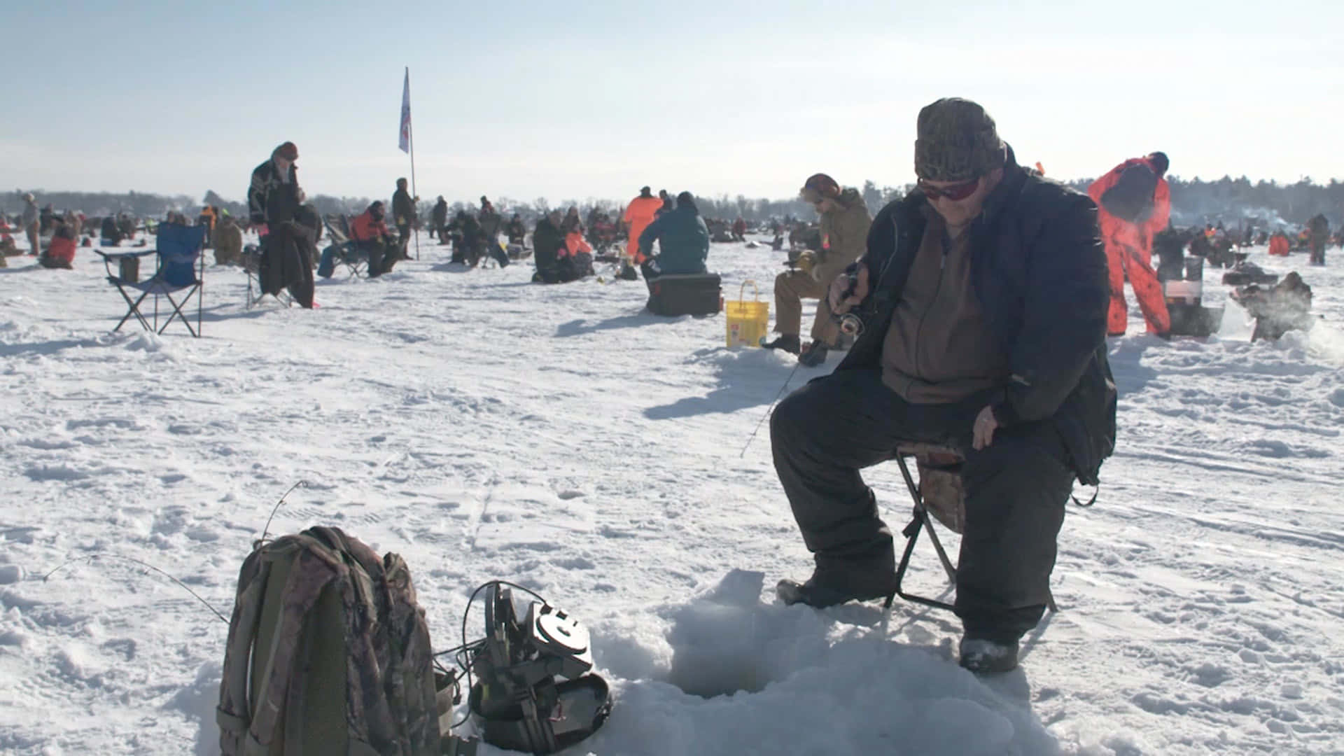 ice fishing, frozen lake, snowy, Full HD Desktop Wallpaper
