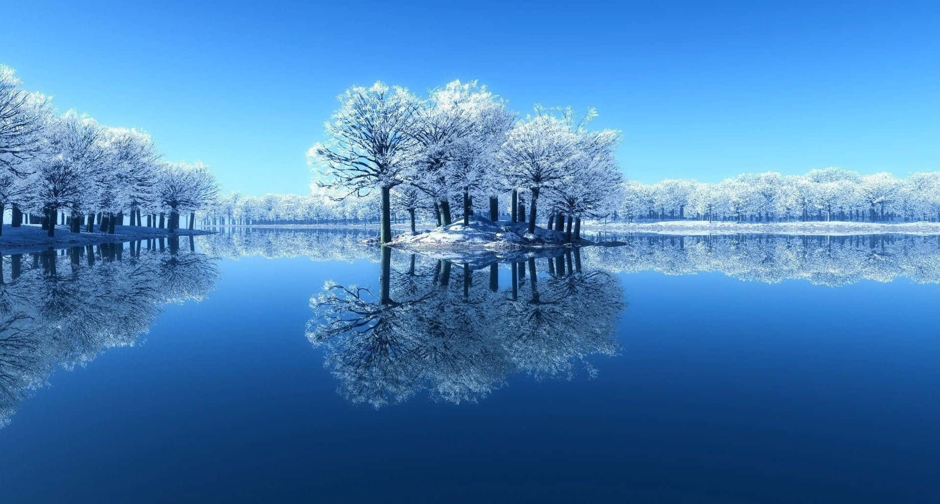 frozen lake, snow-covered trees, clear blue sky, Full HD Desktop Wallpaper
