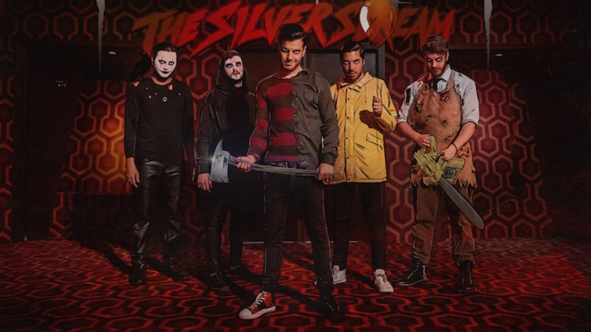 Ice Nine Kills, horror-themed costumes, red hexagonal patterned backdrop, Full HD Desktop Wallpaper
