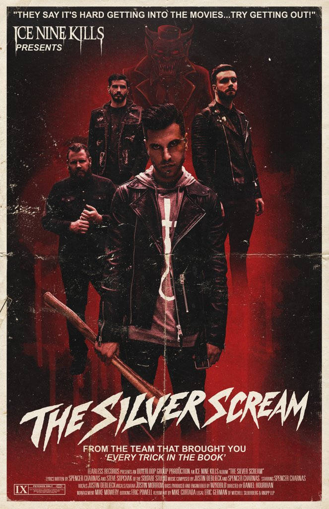 Ice Nine Kills, leather jackets, blood-red backdrop, SD Phone Wallpaper