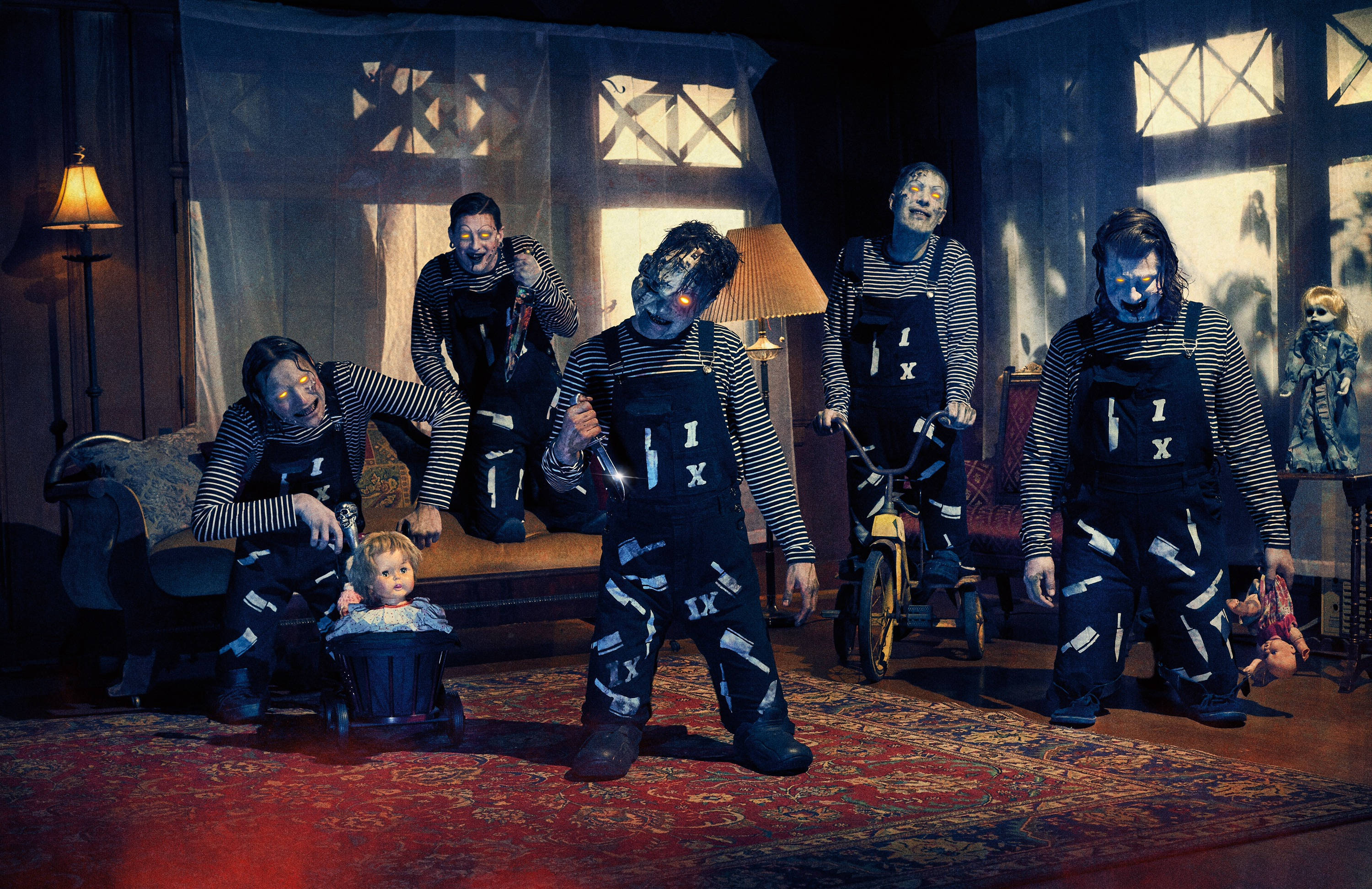 Ice Nine Kills, striped overalls, I X patches, 2K Desktop Wallpaper
