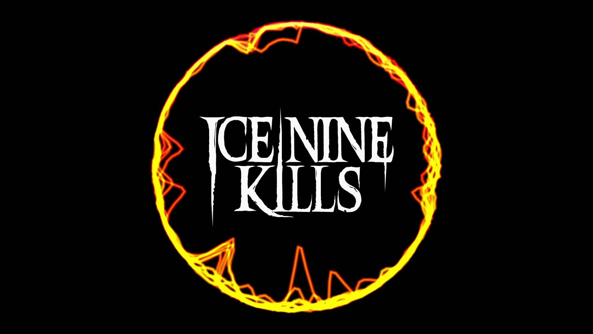 Ice Nine Kills, fiery orange and yellow jagged circle, bold white text, Full HD Desktop Wallpaper