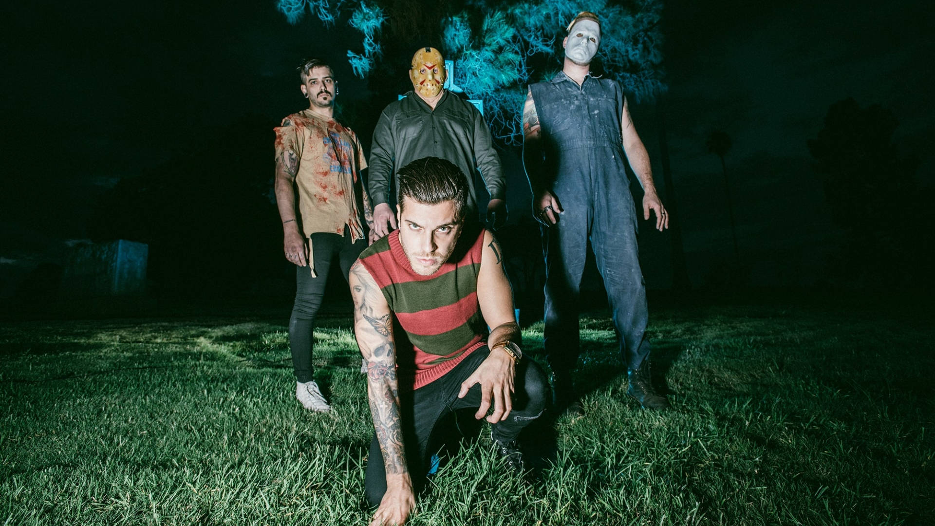 Ice Nine Kills, Scary Faces At Night, blue-lit trees, Full HD Desktop Wallpaper