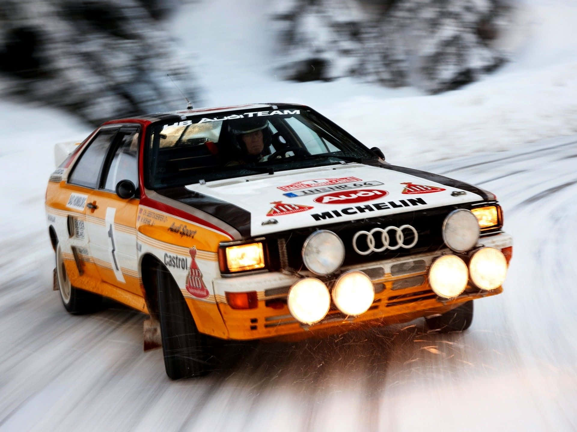 Ice Racing, vintage orange Audi rally car, snowy forest, Full HD Desktop Wallpaper