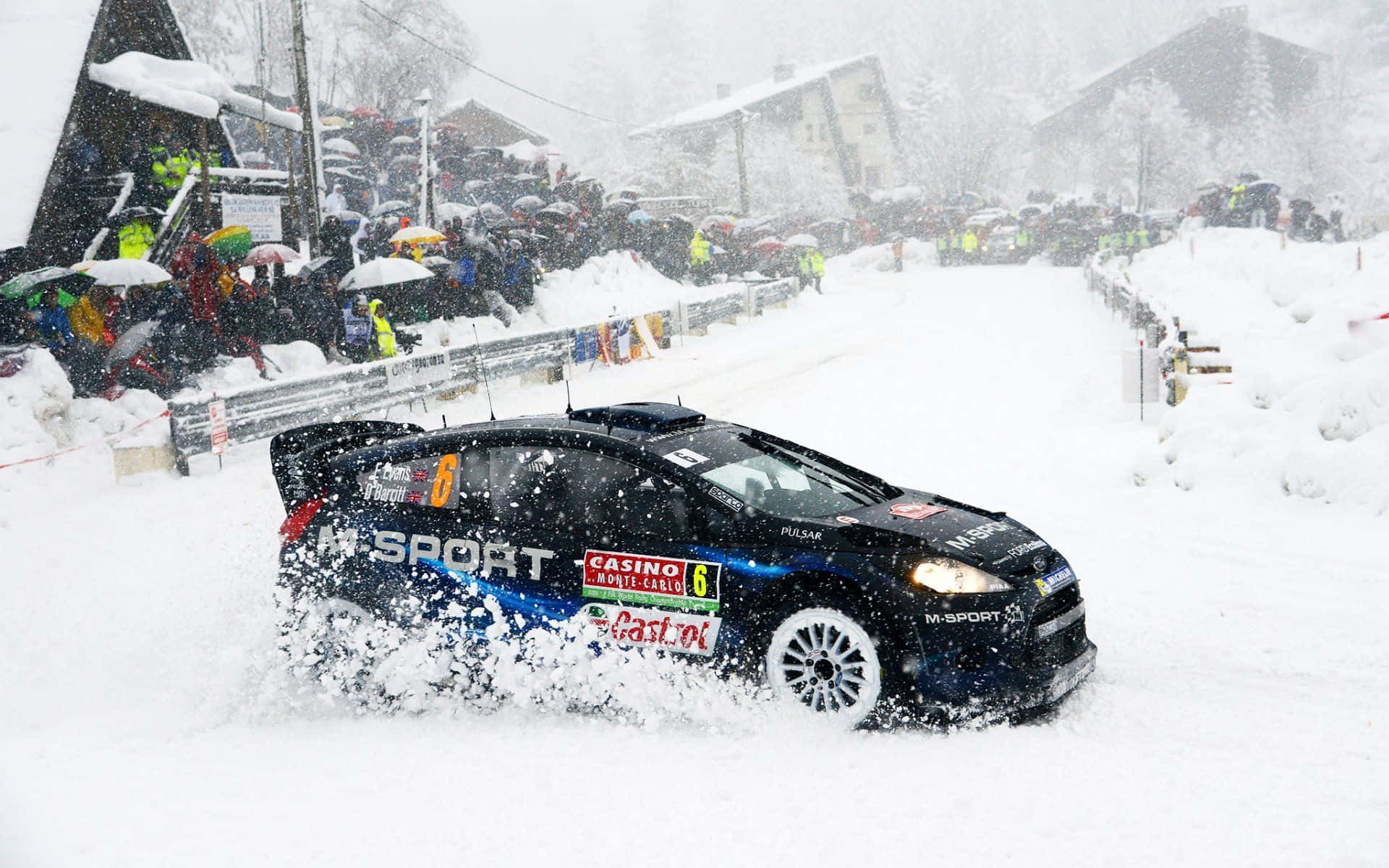 Ice Racing, black rally car, snowy mountain village street, Full HD Desktop Wallpaper