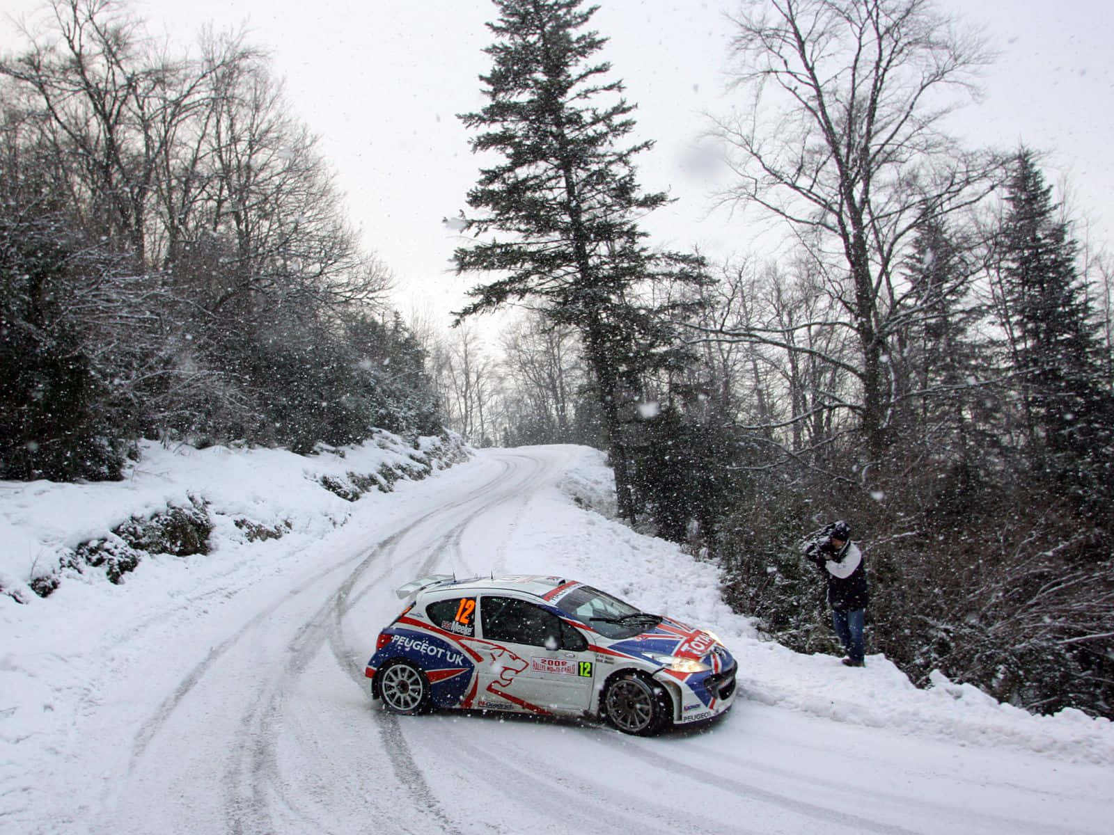Peugeot rally car, snowy forest road, snowflakes, HD Desktop Wallpaper