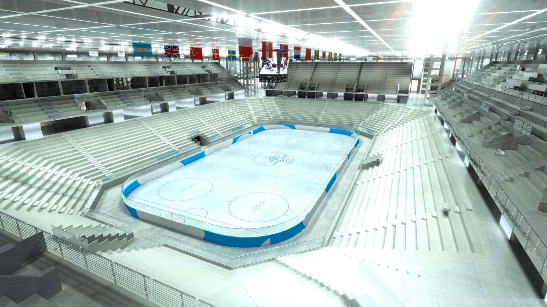 ice rink, indoor ice hockey rink, white bleachers, Full HD Desktop Wallpaper