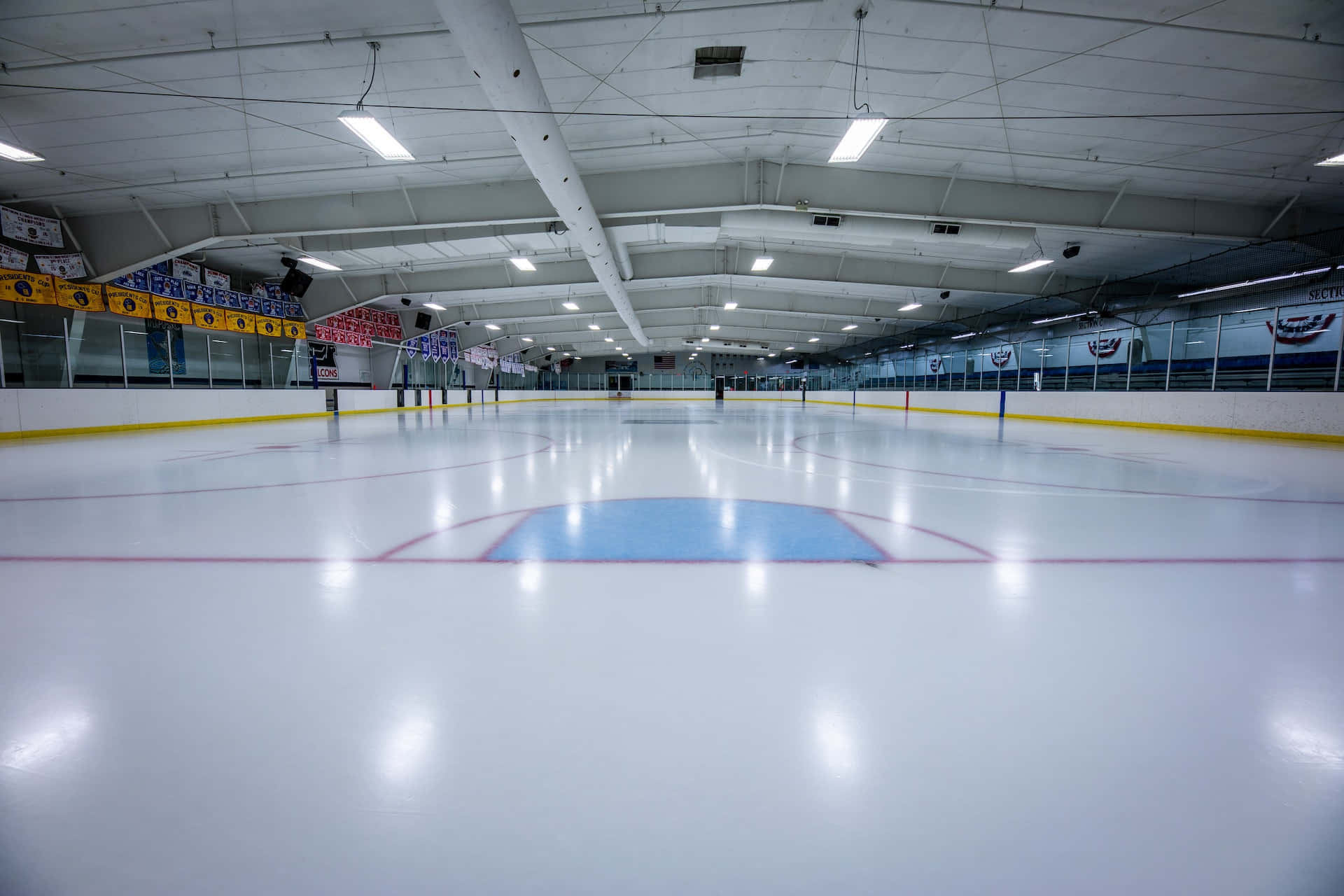 ice rink, ice hockey rink, overhead lights, Full HD Desktop Wallpaper