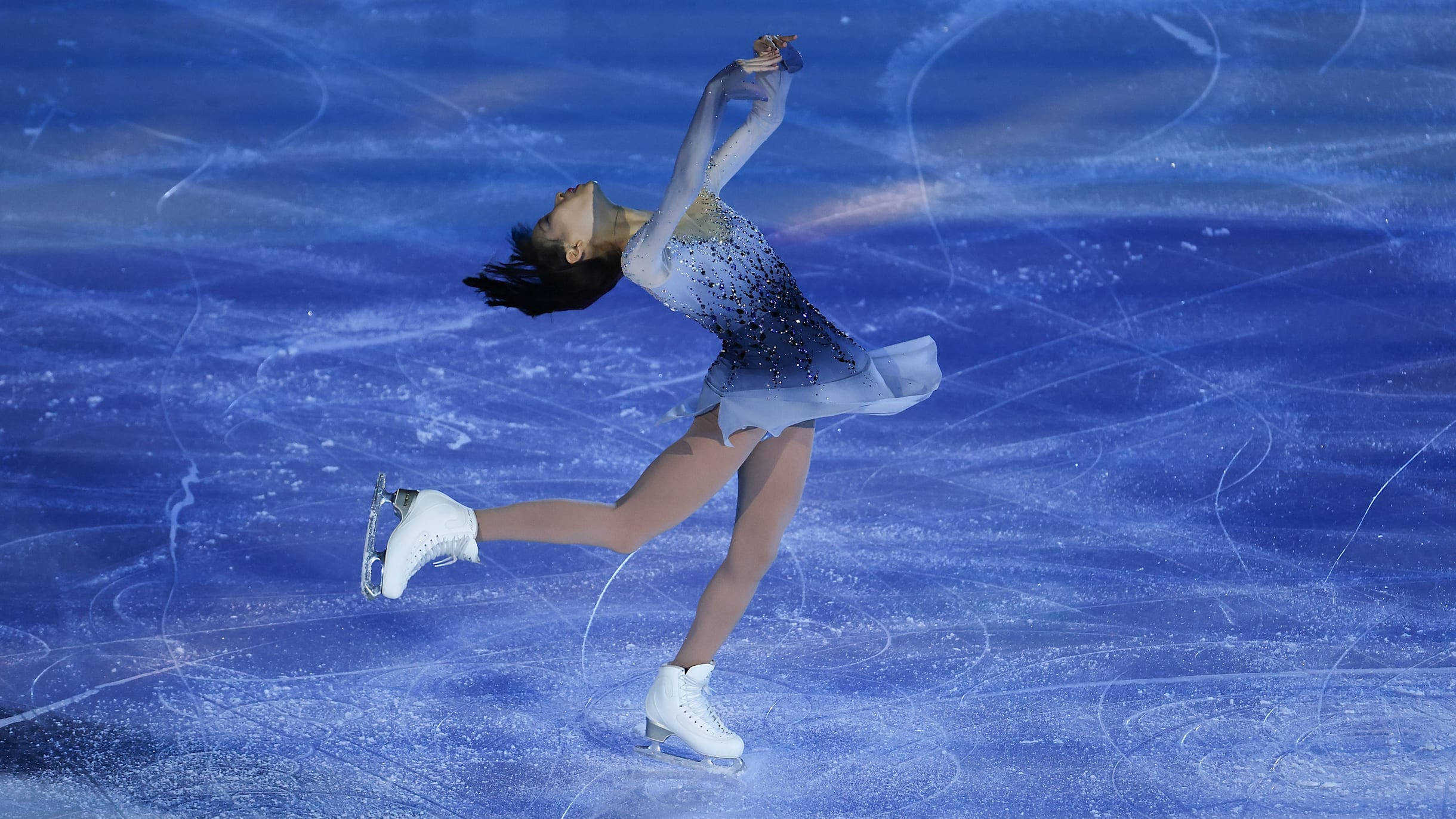 ice skating competition, blue sparkly dress, textured blue ice rink, Full HD Desktop Wallpaper
