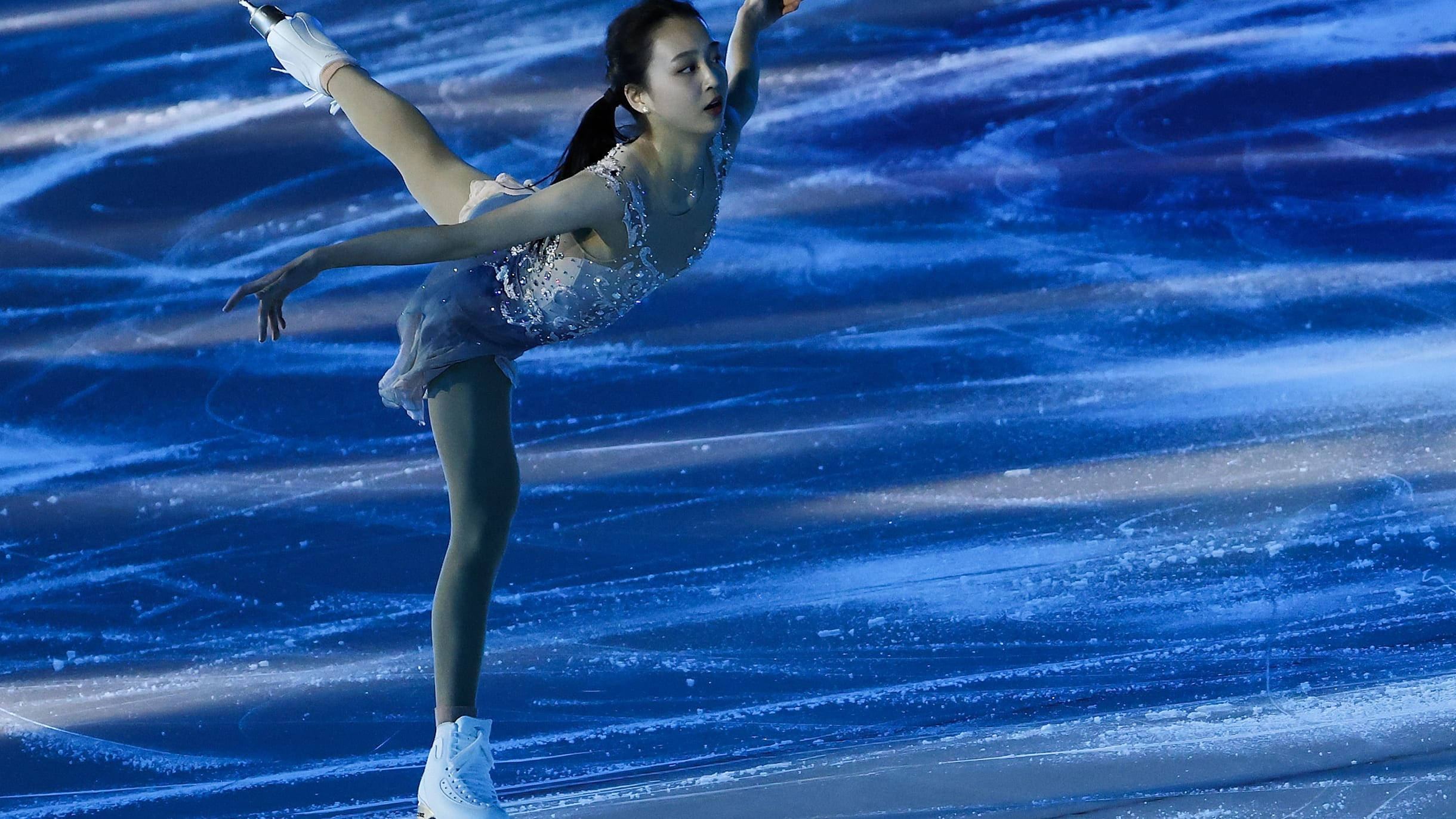 female figure skater, sparkling costume, ice rink, Full HD Desktop Wallpaper