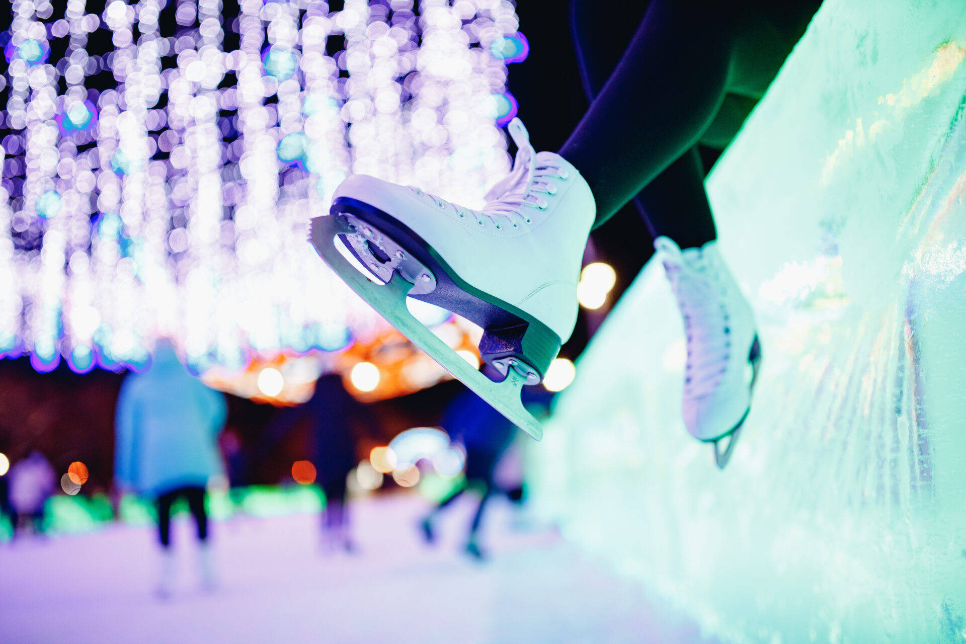 white ice skates, vibrant purple and blue string lights, ice rink, Full HD Desktop Wallpaper