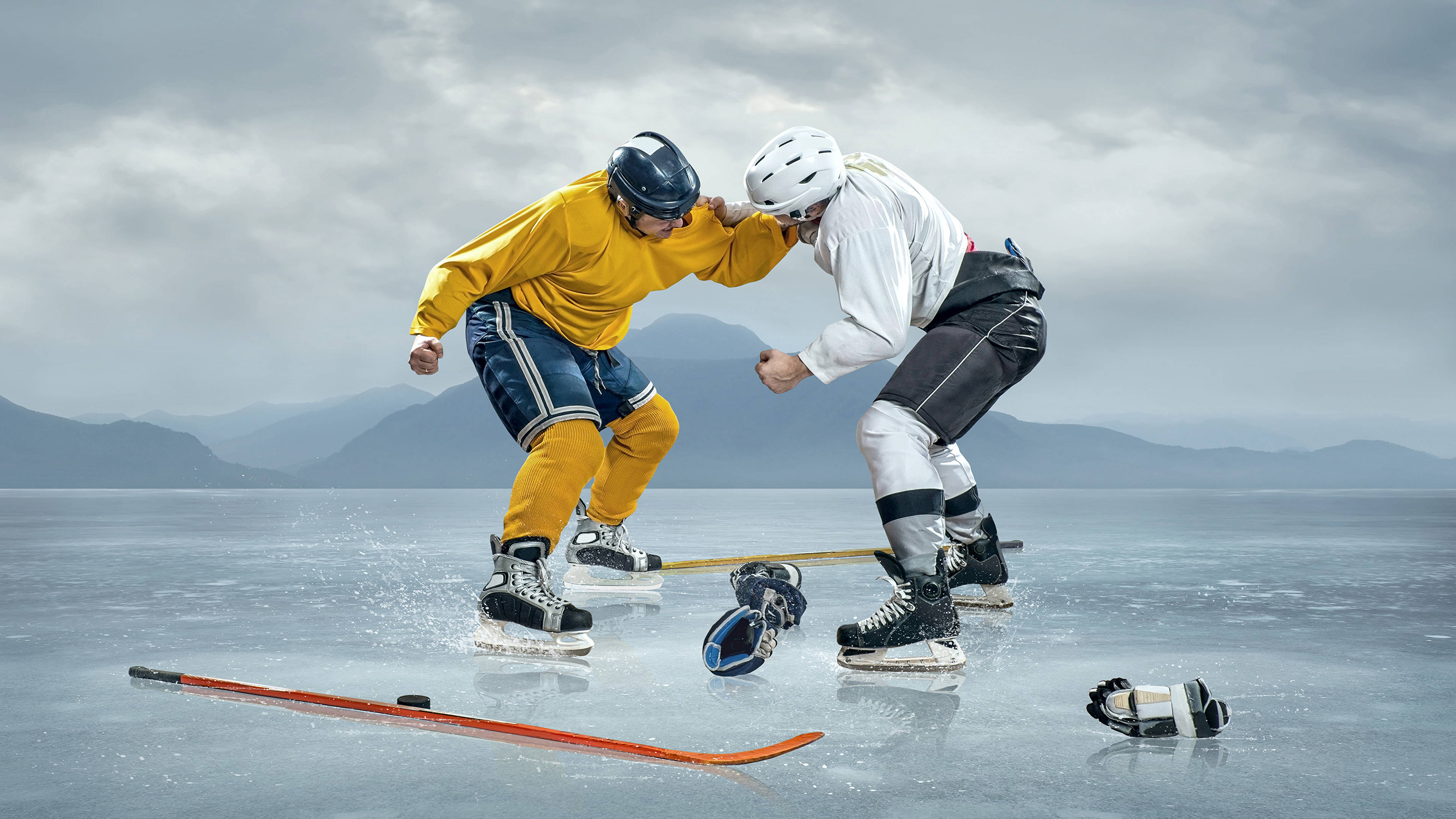 hockey player, ice skating rink, frozen lake, 4K Desktop Wallpaper