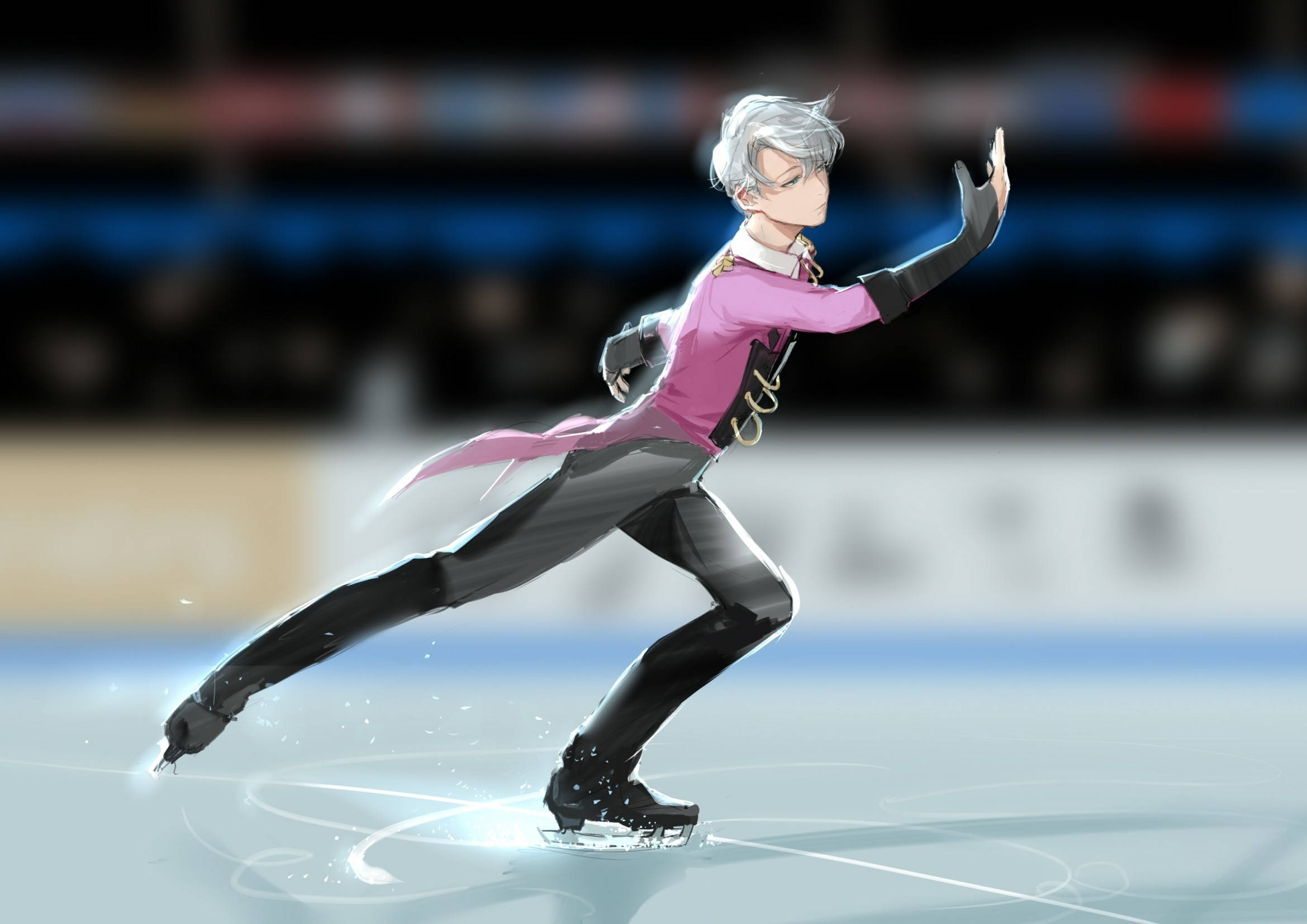 silver-haired anime figure, pink and black costume, sparkling trails, Full HD Desktop Wallpaper