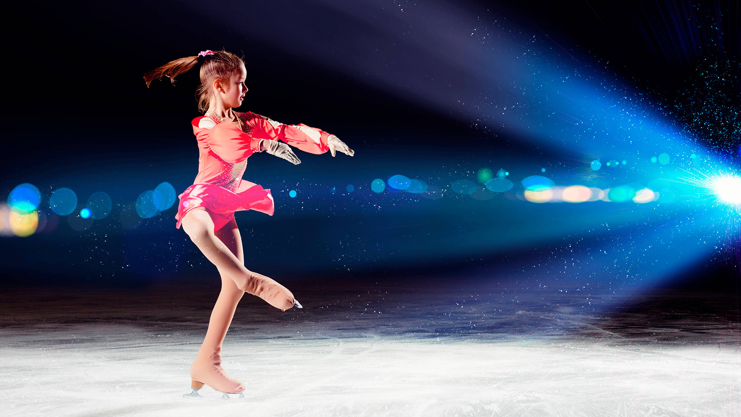 pink costume, vibrant pink, blue stage lights, 2K Desktop Wallpaper