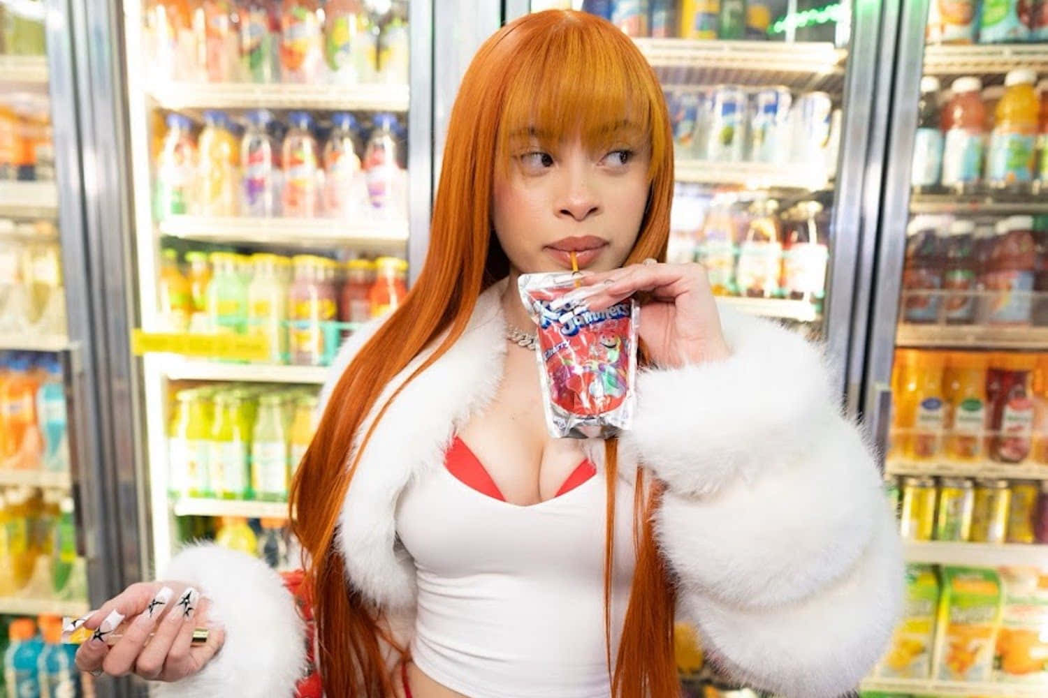 Ice Spice Aesthetic, orange hair, colorful juice pouch, HD Desktop Wallpaper