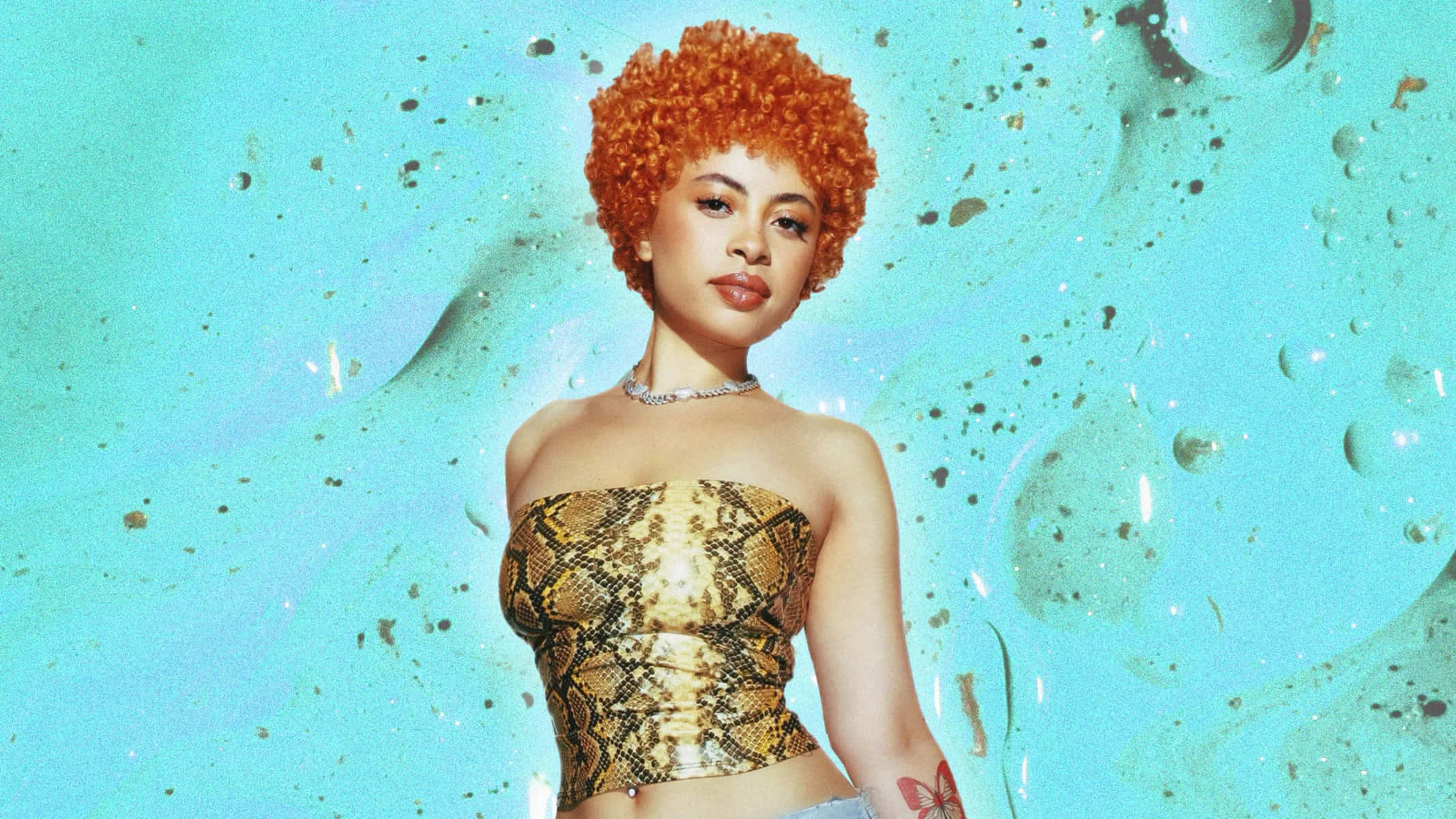 Ice Spice, fiery orange afro hair, gold snakeskin top, Full HD Desktop Wallpaper