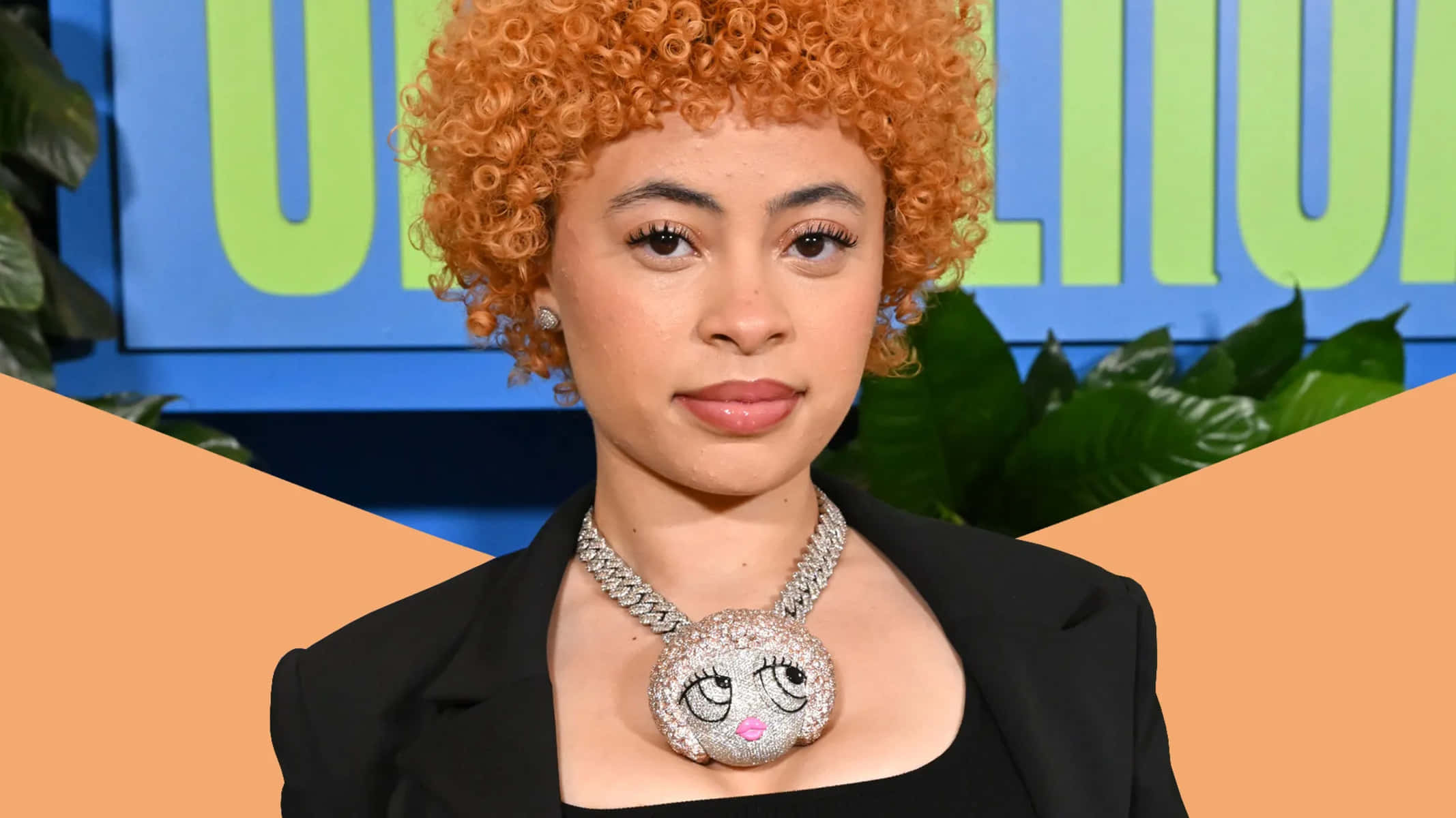 Ice Spice, vibrant orange curly hair, black blazer, Full HD Desktop Wallpaper