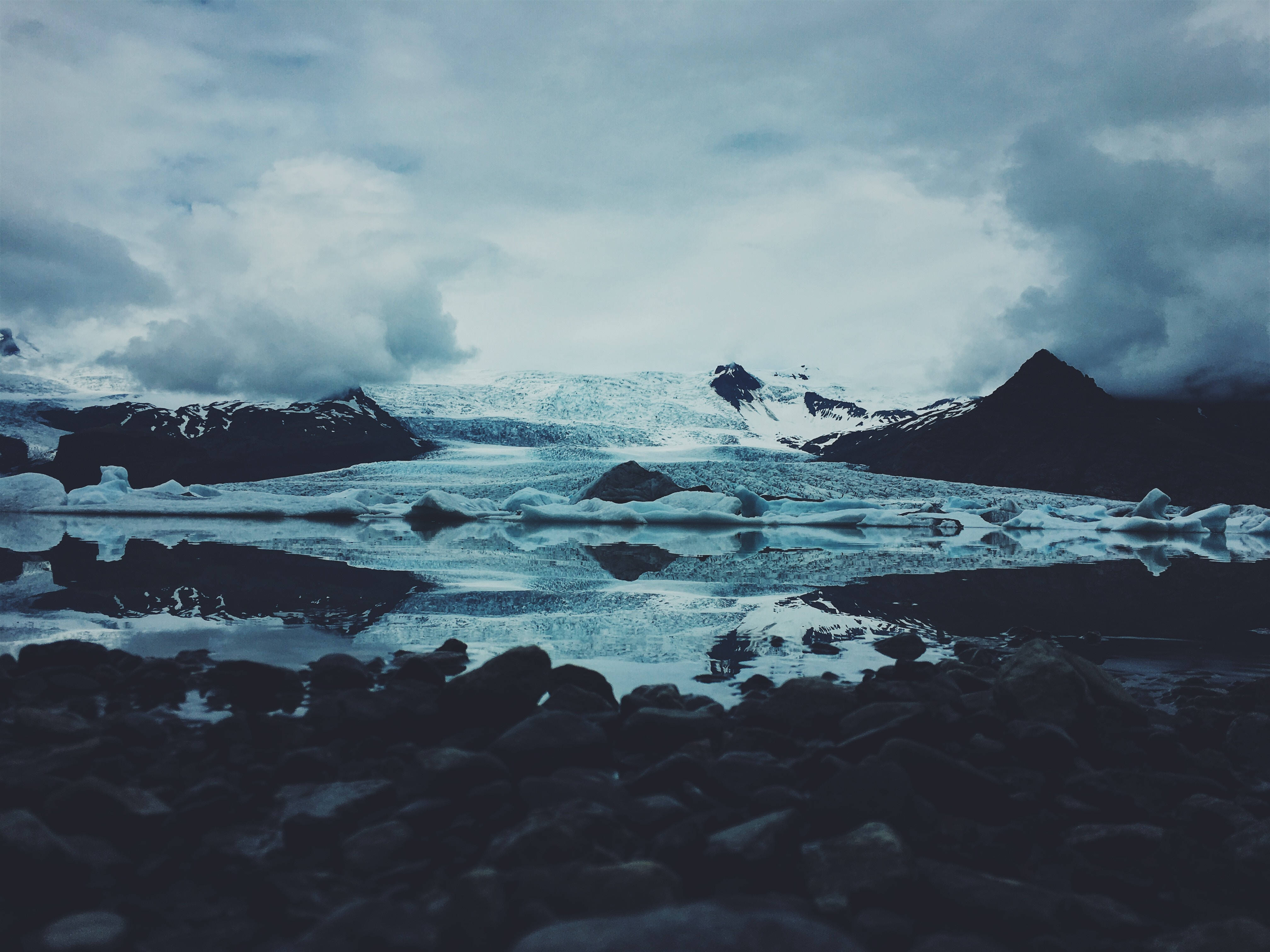 low angle, gloomy ice mountain, glacier landscape, 4K Desktop Wallpaper