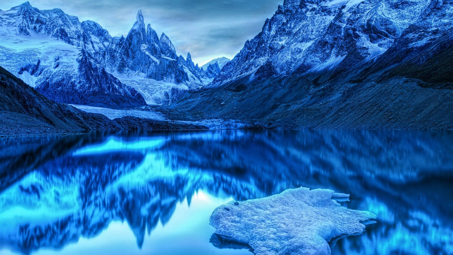 Deep Blue Ice Mountain, blue mountain lake, snowcapped peaks, Full HD Desktop Wallpaper