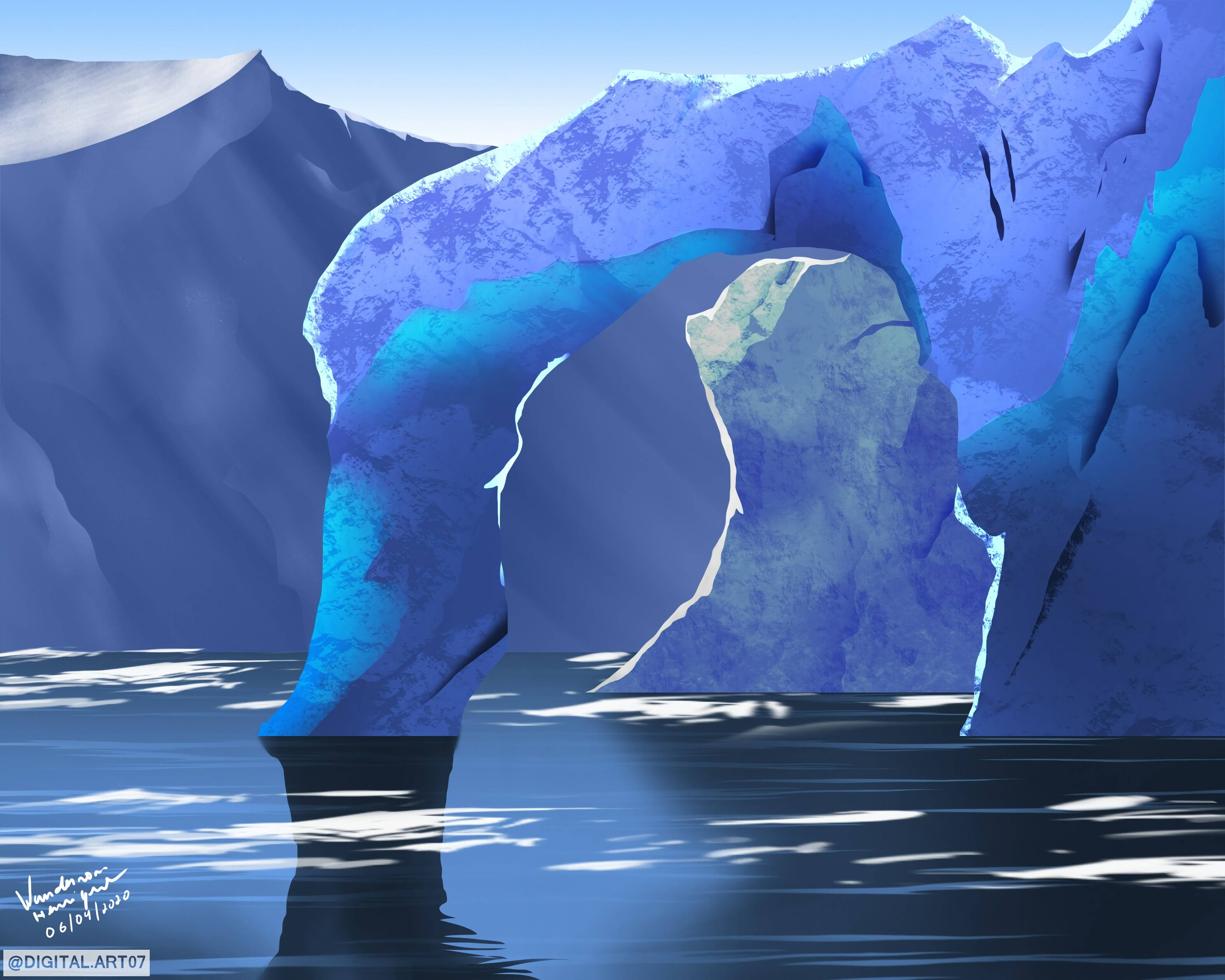 arched iceberg, blue iceberg, calm waters, 4K Desktop Wallpaper