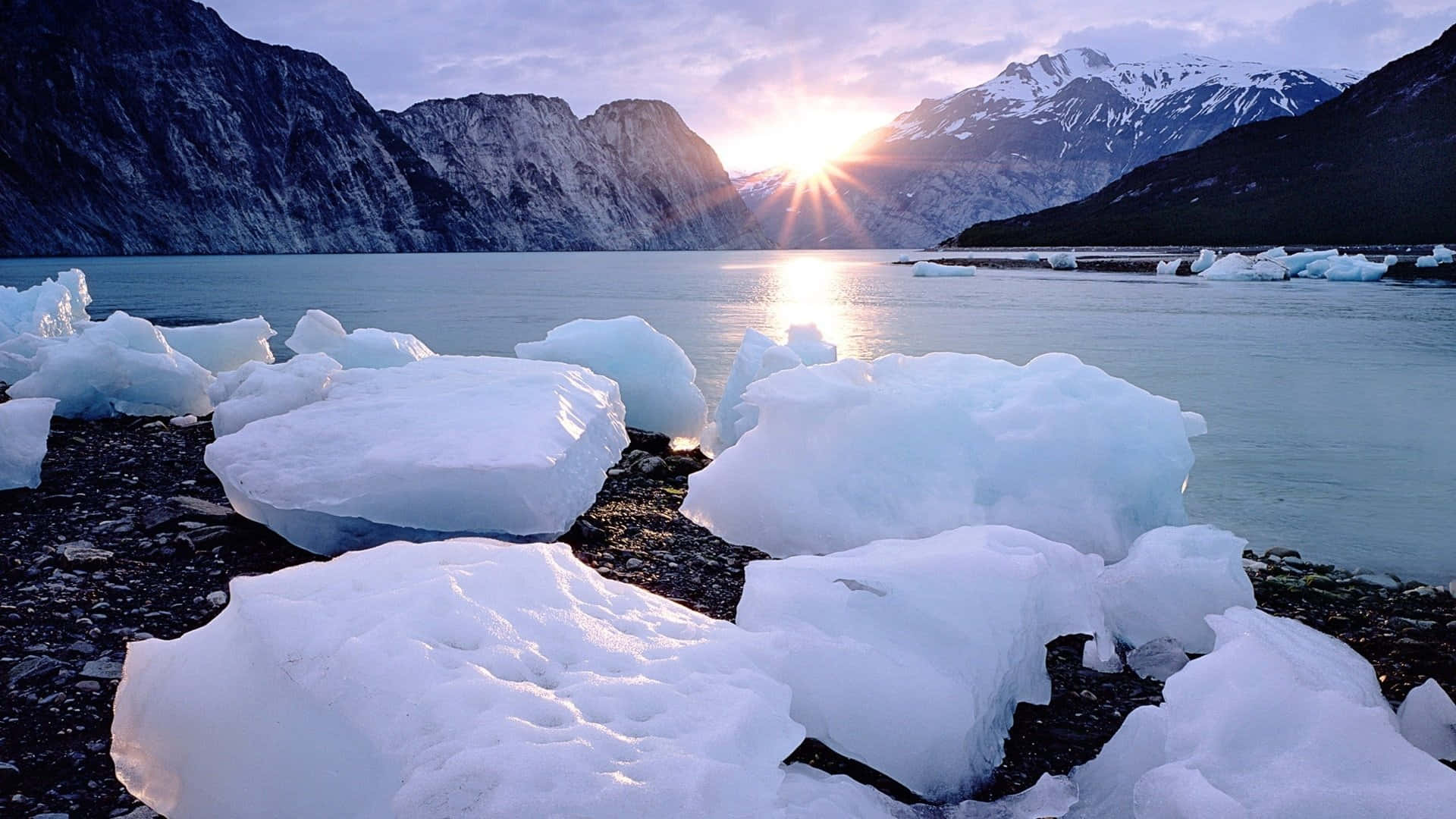 Iceberg, Sunset, snowy mountains, Full HD Desktop Wallpaper