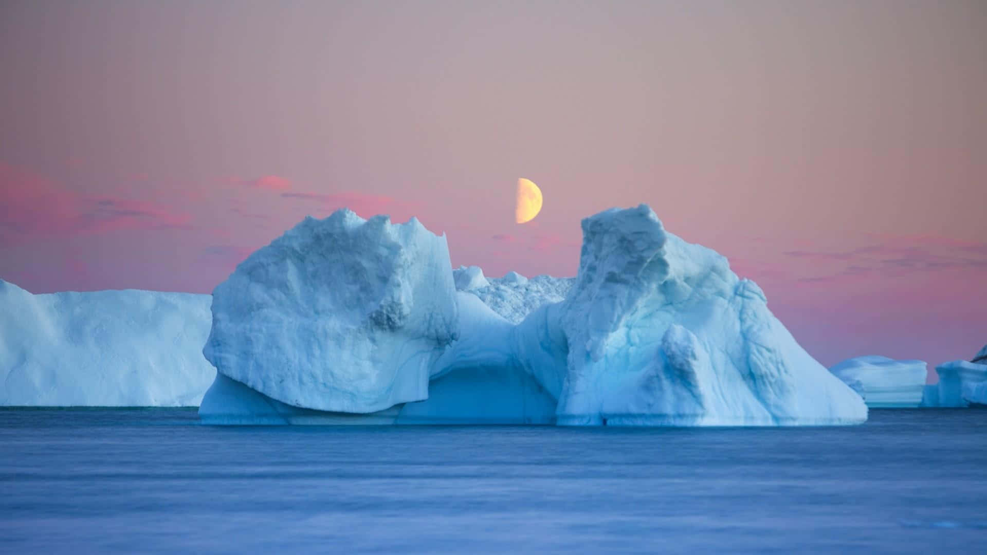 Iceberg, crescent moon, crystal clear waters, Full HD Desktop Wallpaper