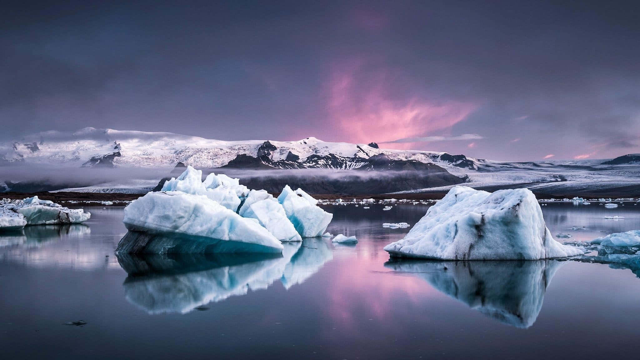 Iceberg, Calm Sea, Purple and pink twilight sky, Full HD Desktop Wallpaper