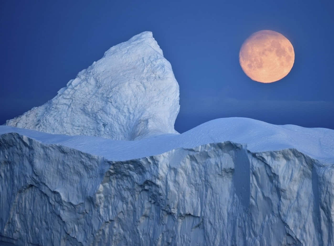 Iceberg, orange full moon, deep blue twilight sky, HD Desktop Wallpaper