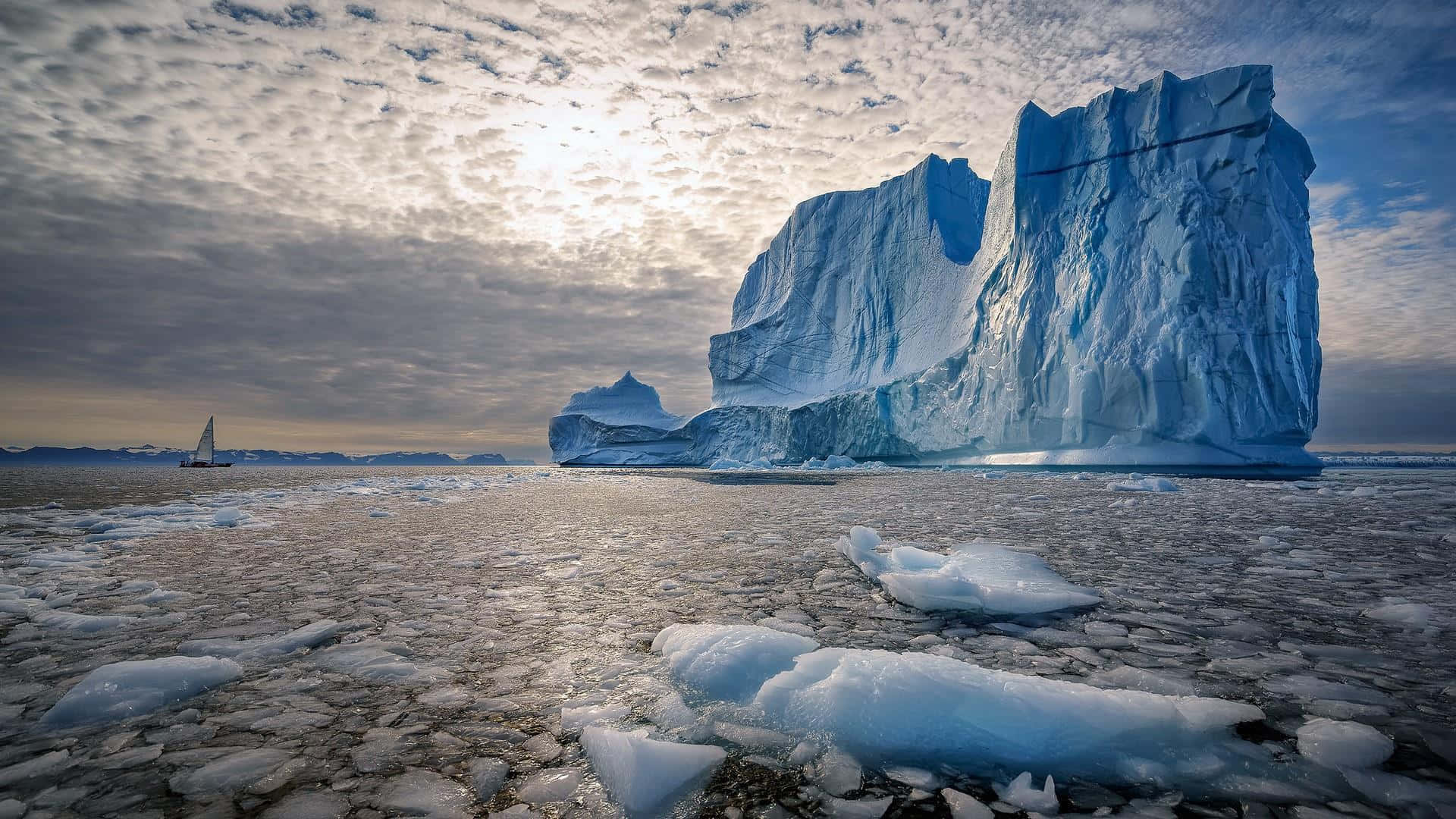 Iceberg, frozen sea, sailboat, Full HD Desktop Wallpaper