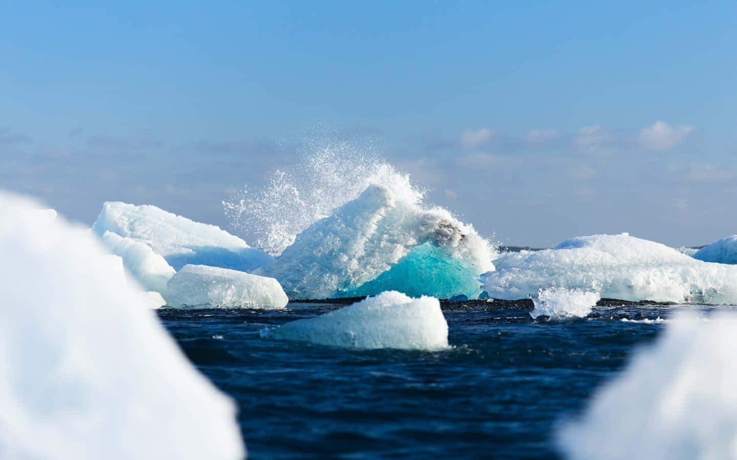 Iceberg, deep blue water, white foam, HD Desktop Wallpaper