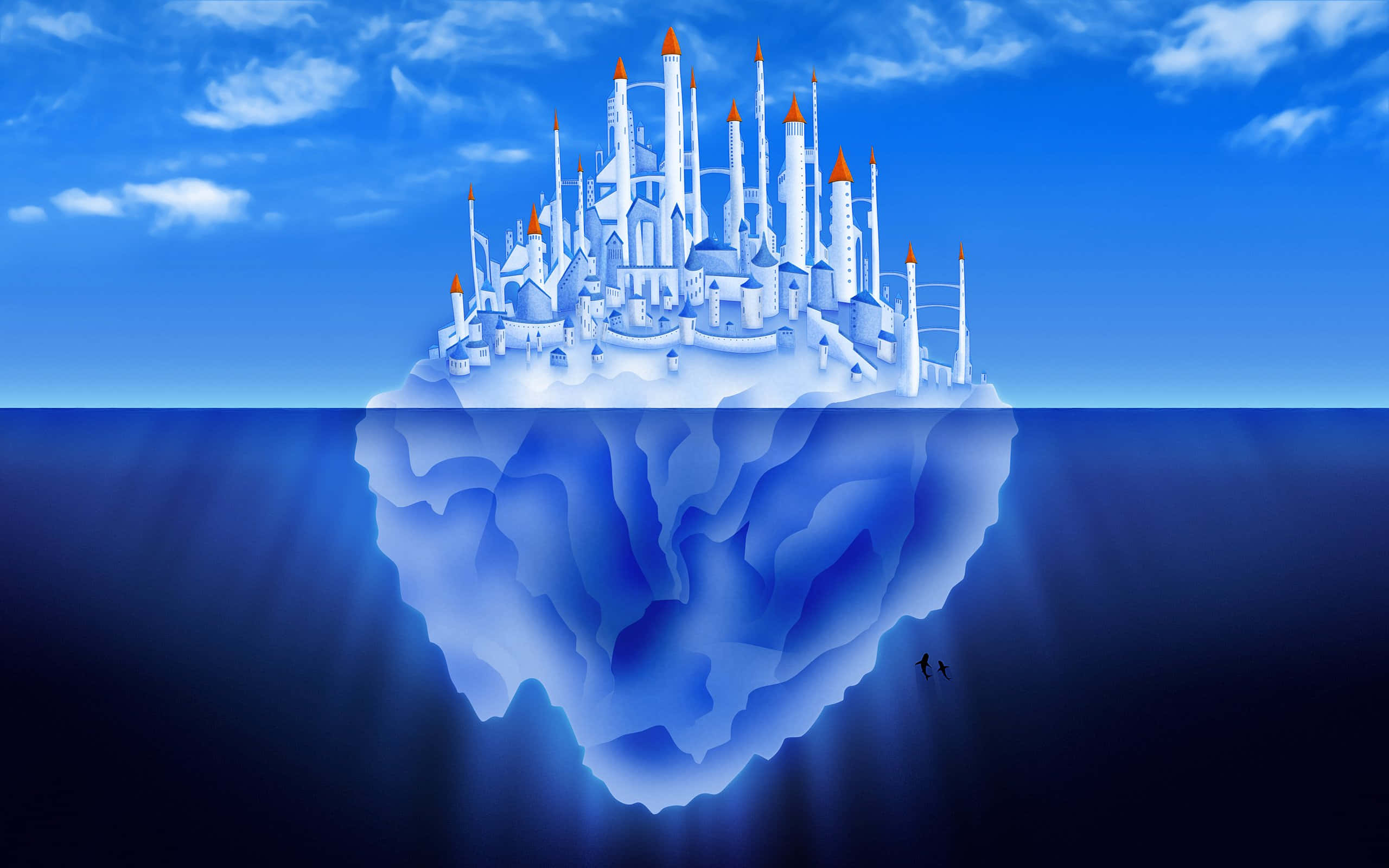 Iceberg, white castle, orange spires, 2K Desktop Wallpaper