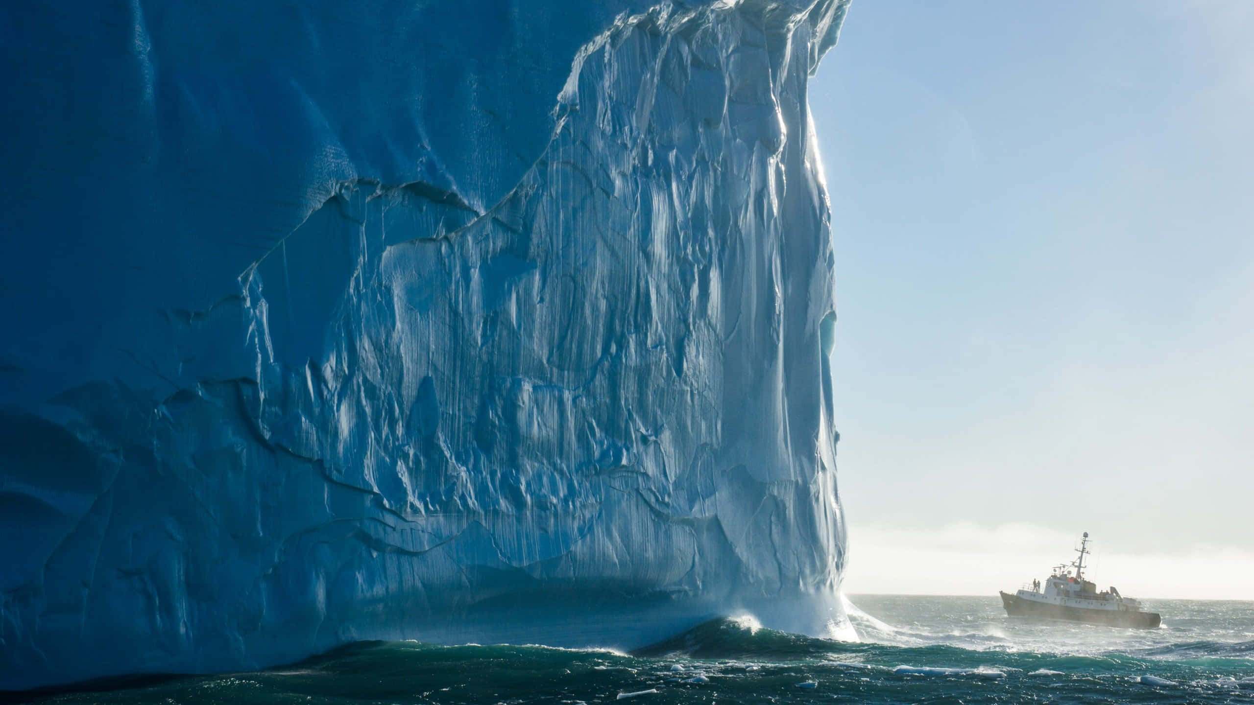 Iceberg, blue iceberg, research vessel, 2K Desktop Wallpaper