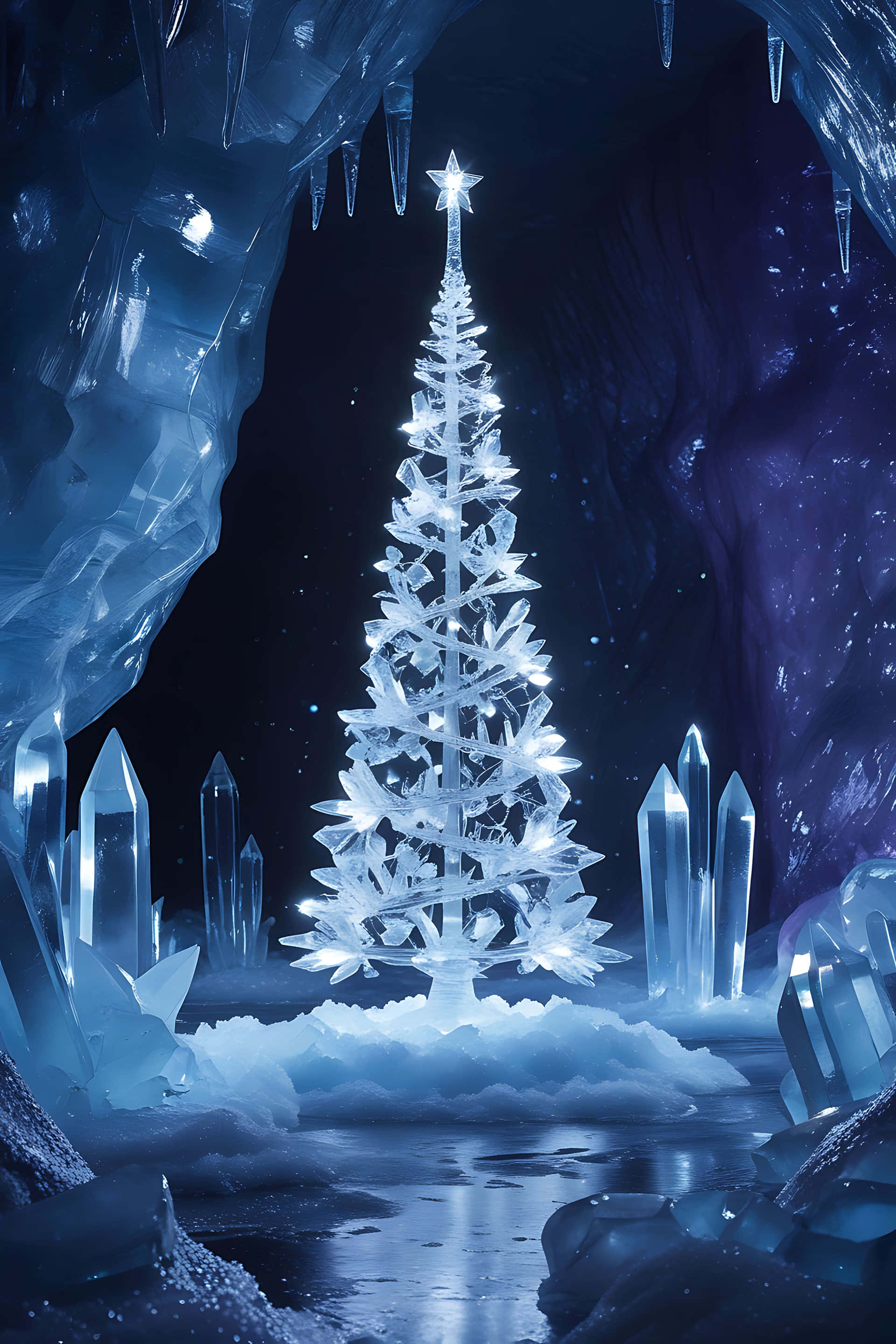 ice crystal Christmas tree, frozen cavern, crystalline cave, 2K Phone Wallpaper