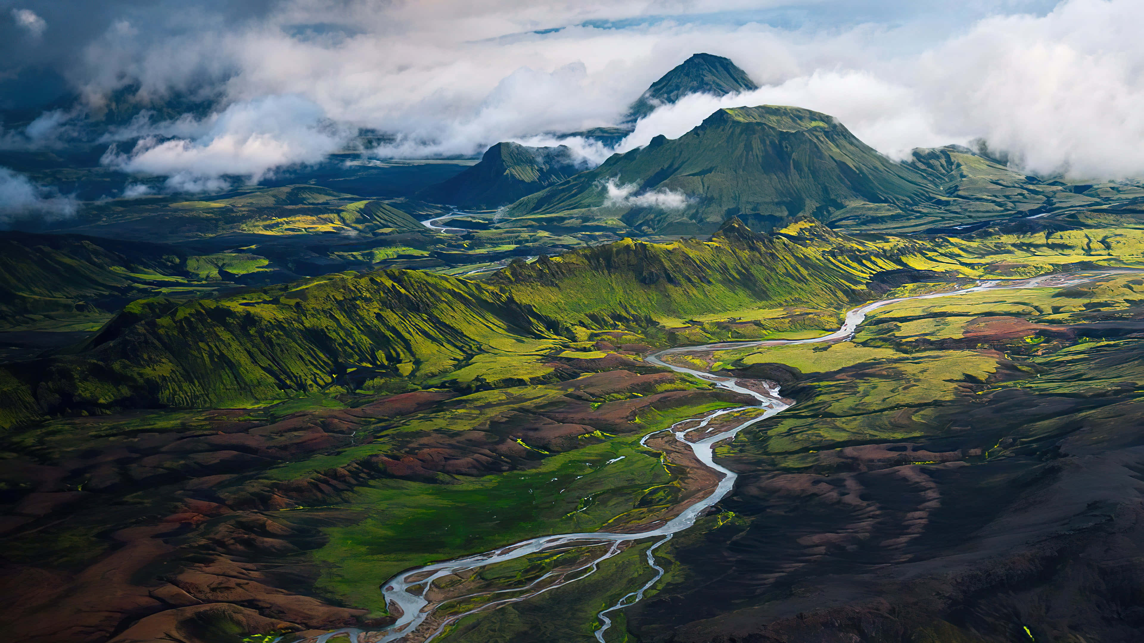 Iceland, winding river, vibrant green and brown volcanic valleys, 4K Desktop Wallpaper