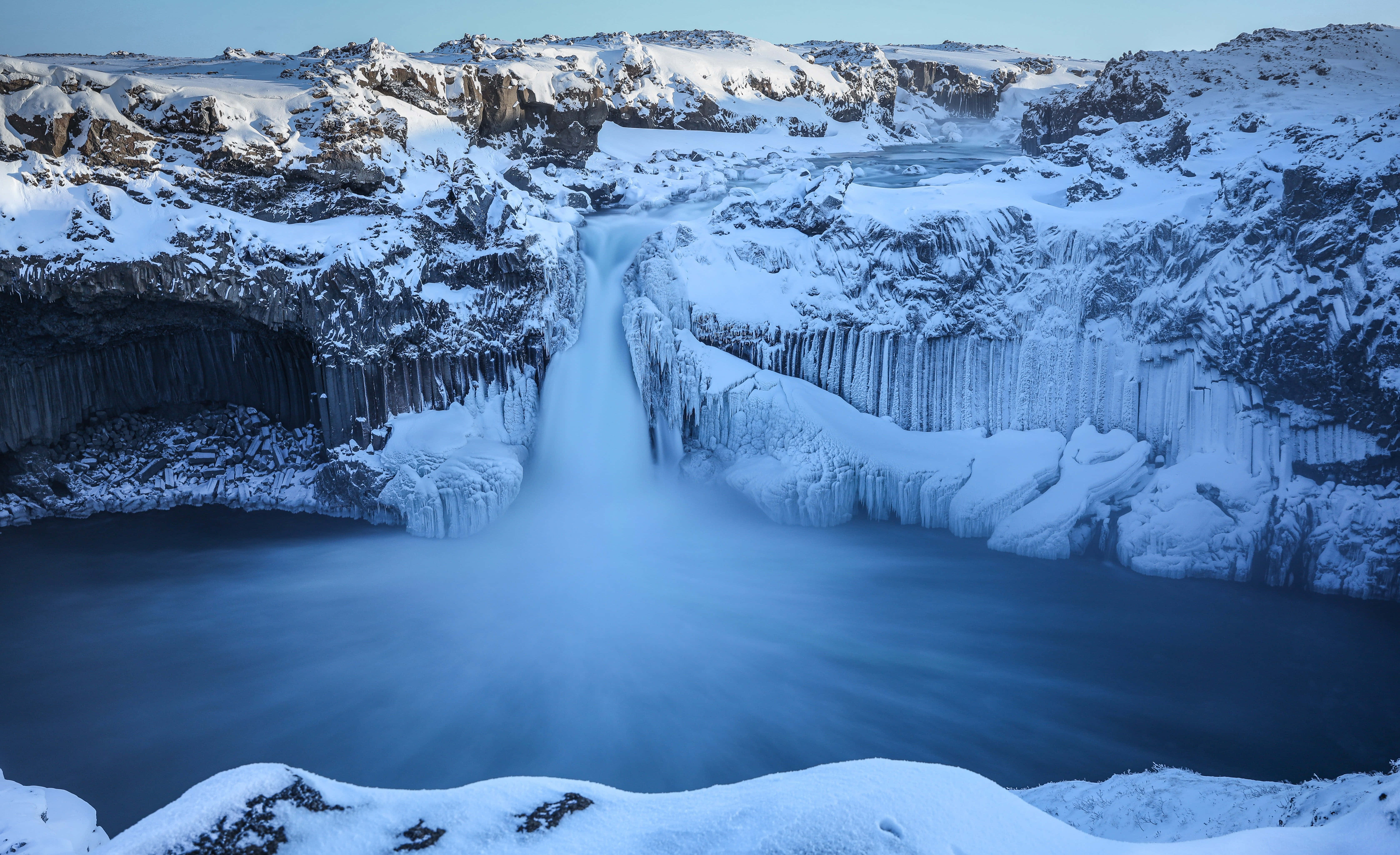 Iceland, snowy waterfall, frozen waterfall, 5K Desktop Wallpaper