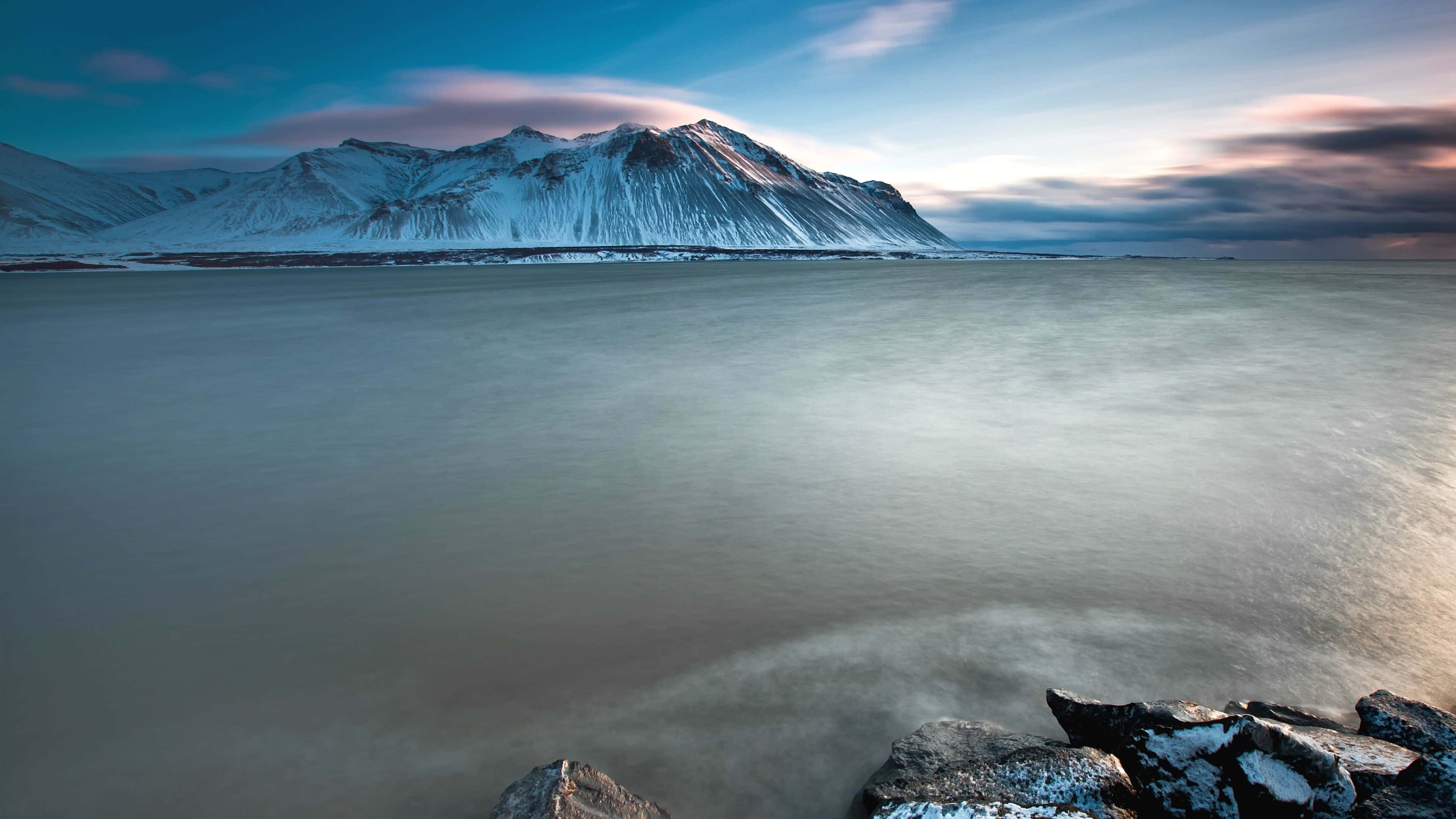 Iceland, winter landscape, snow-capped mountains, 4K Desktop Wallpaper