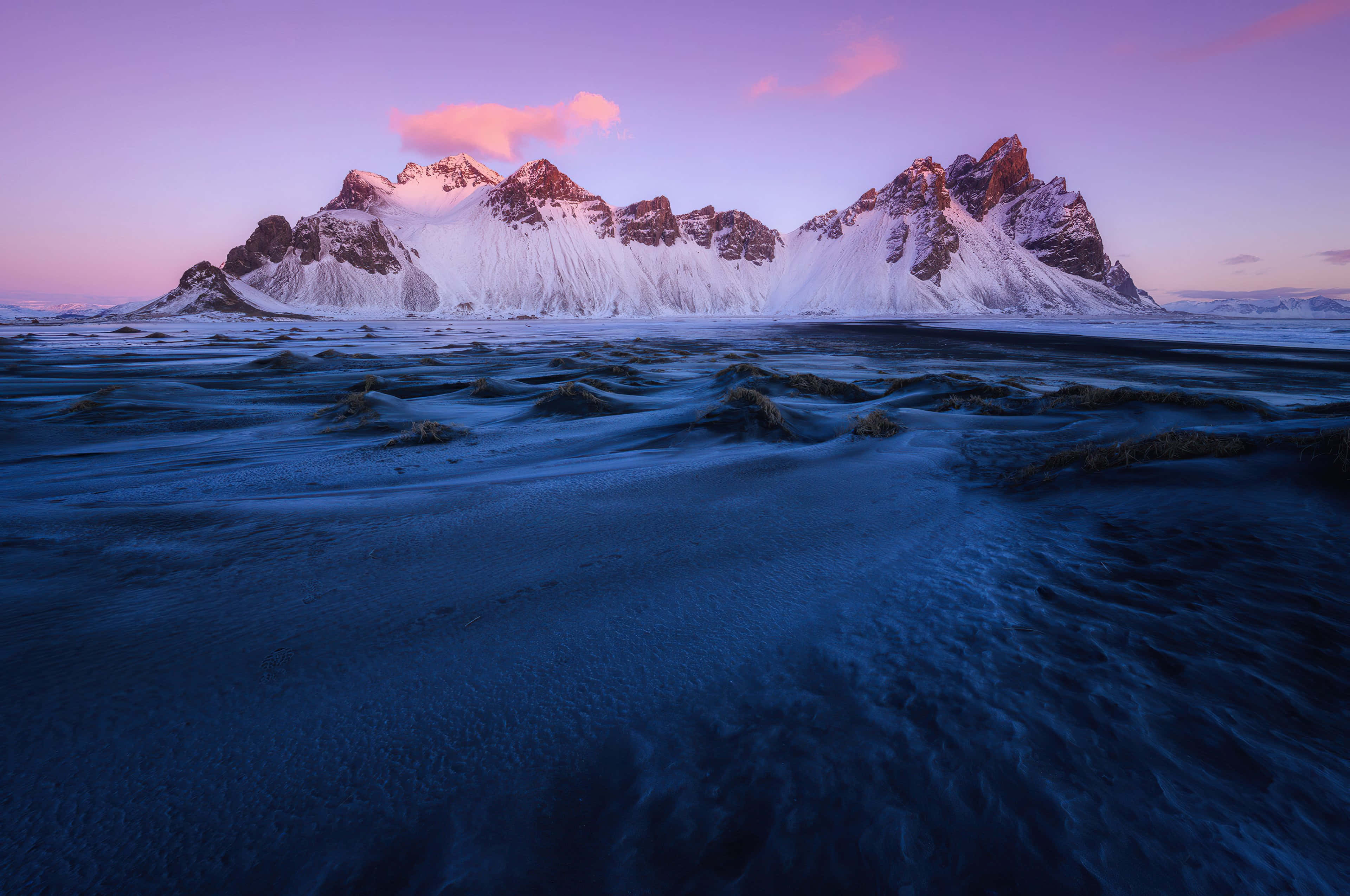 Iceland, Snowcapped jagged mountains, soft pink and purple twilight sky, 4K Desktop Wallpaper