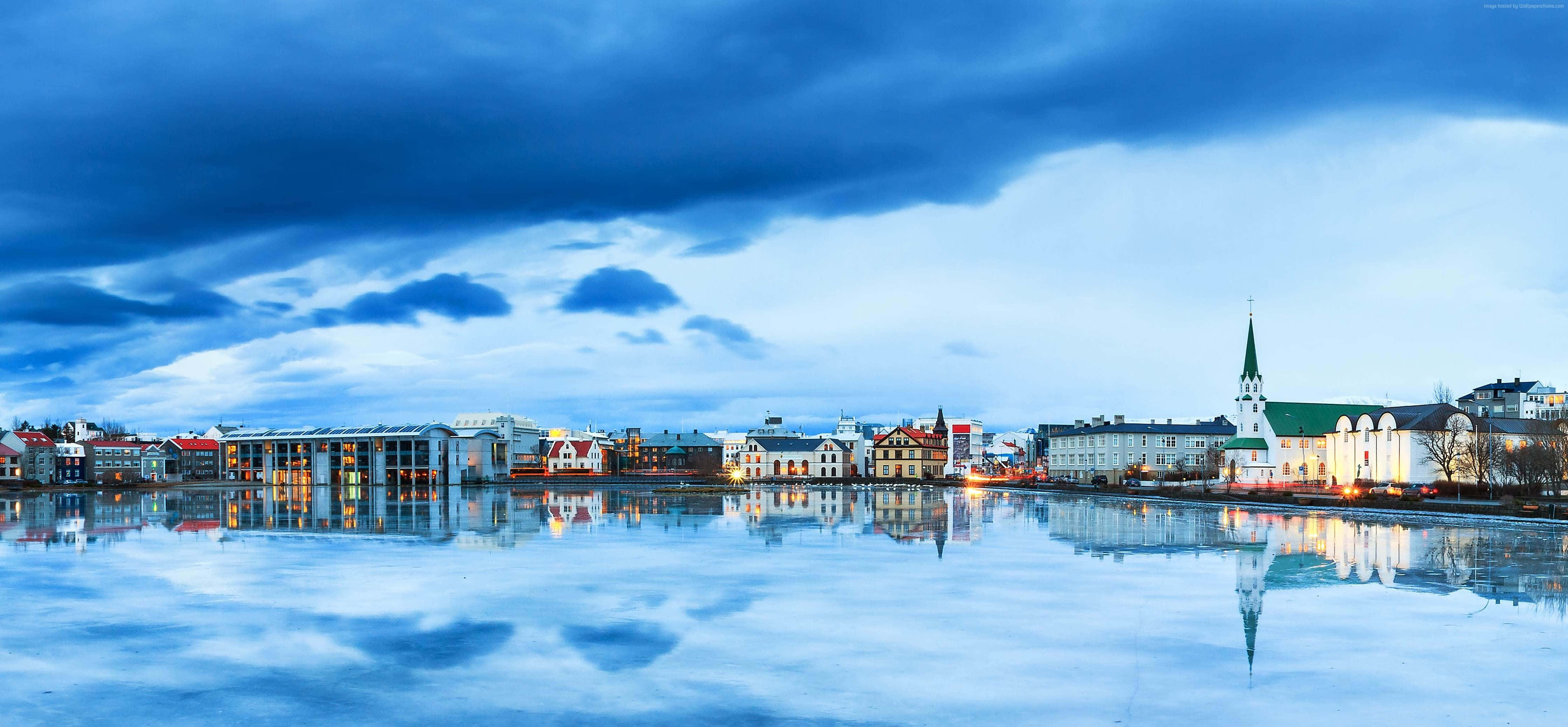 Iceland Desktop, twilight cityscape, historic buildings, 4K Desktop Wallpaper