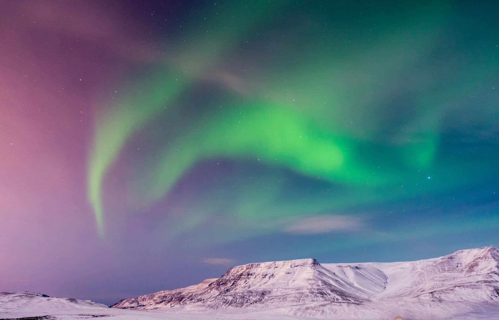 Iceland Desktop, aurora borealis, snow-covered mountain peaks, Full HD Desktop Wallpaper