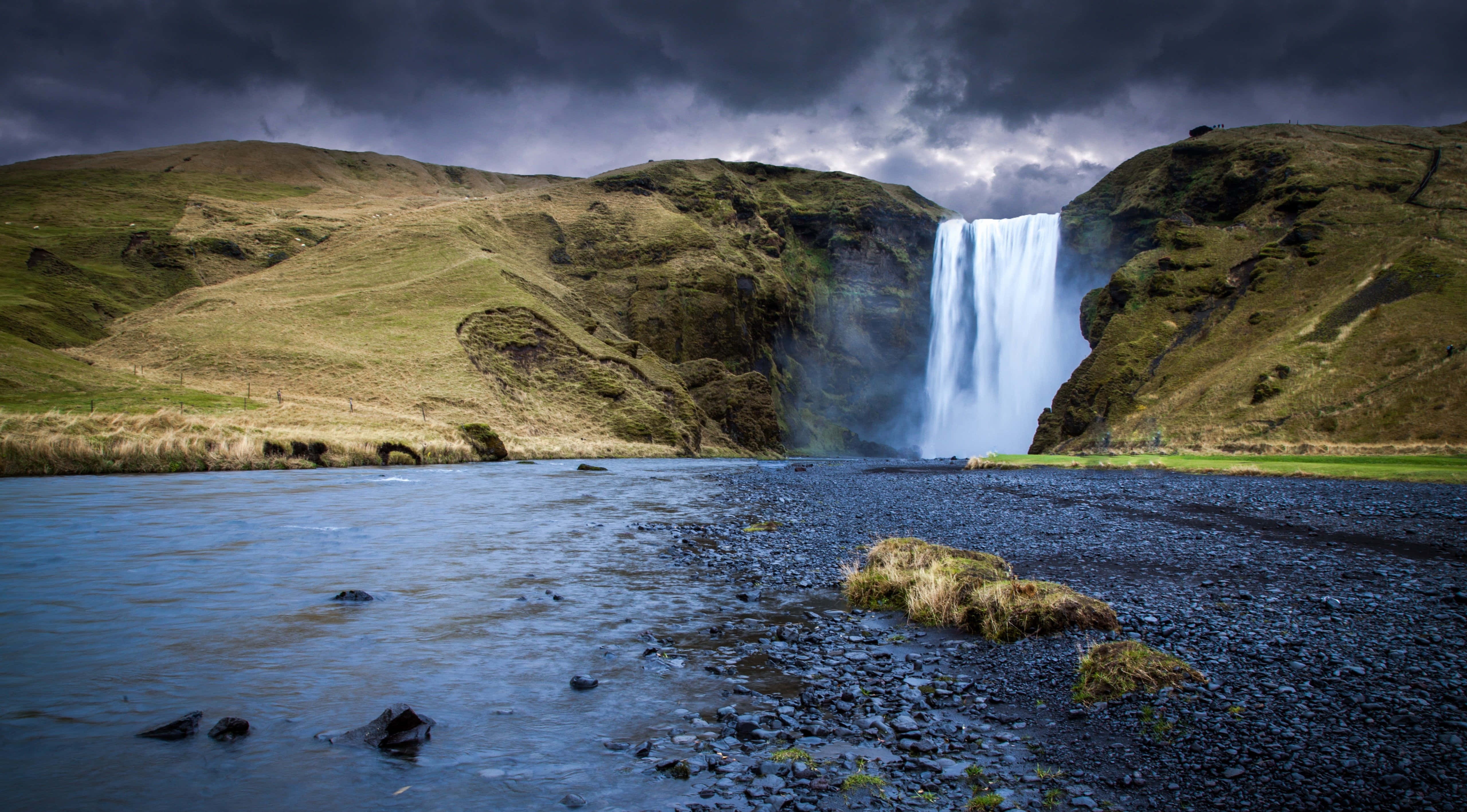 Iceland, waterfall, mossy cliffs, 5K Desktop Wallpaper