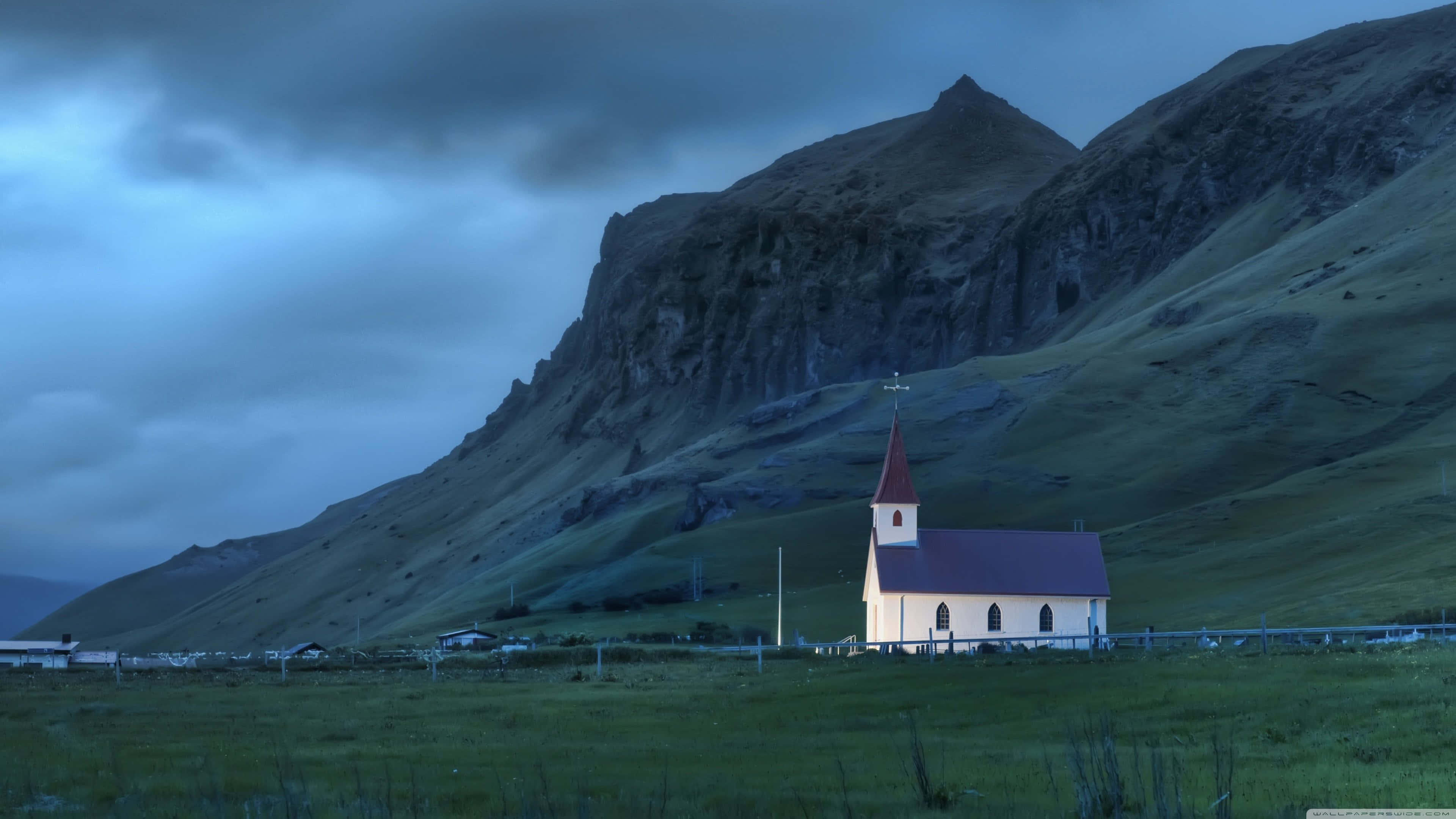Iceland Desktop, white church, red roof, 4K Desktop Wallpaper