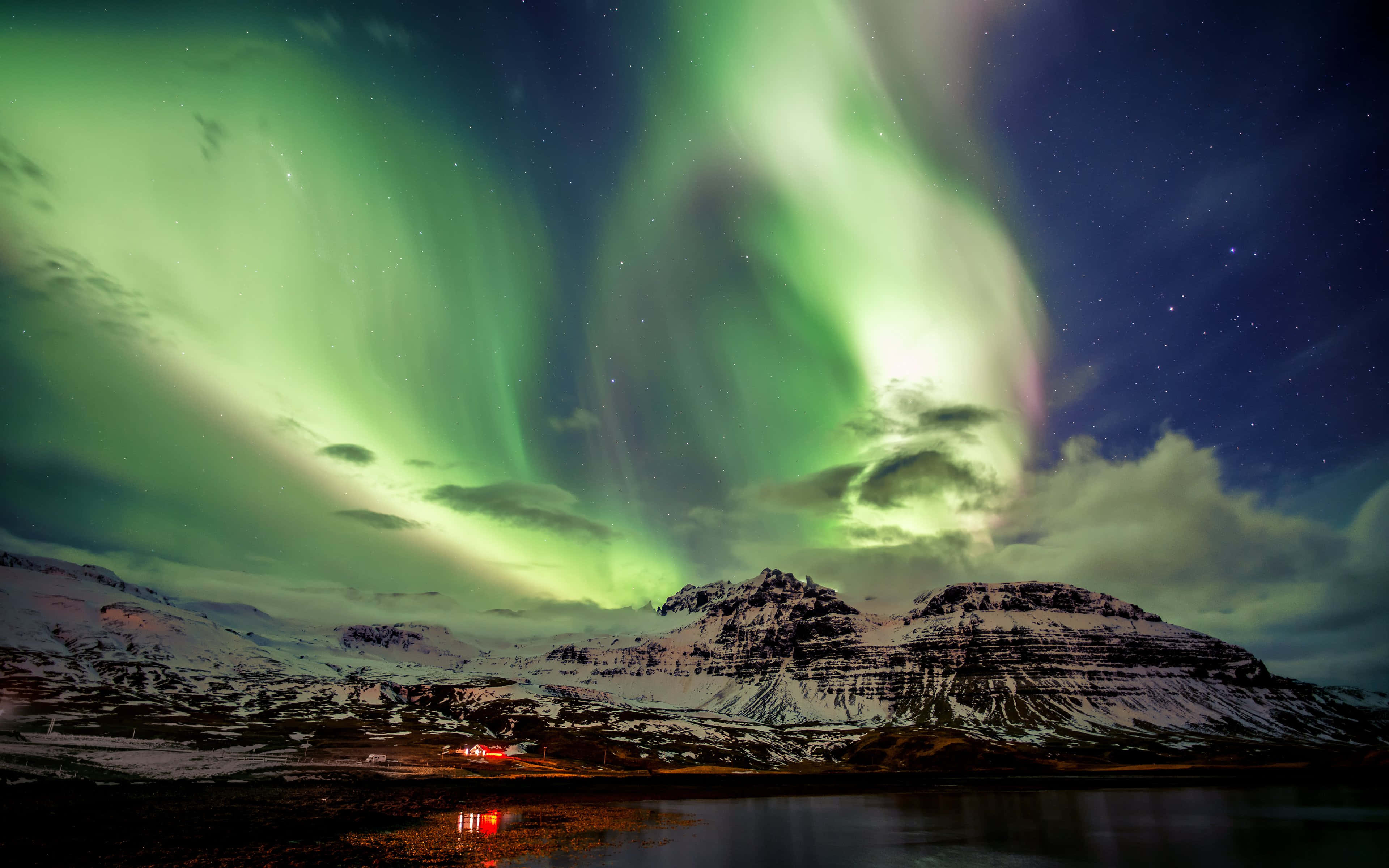 Iceland Desktop, aurora borealis, starry night sky, 4K Desktop Wallpaper