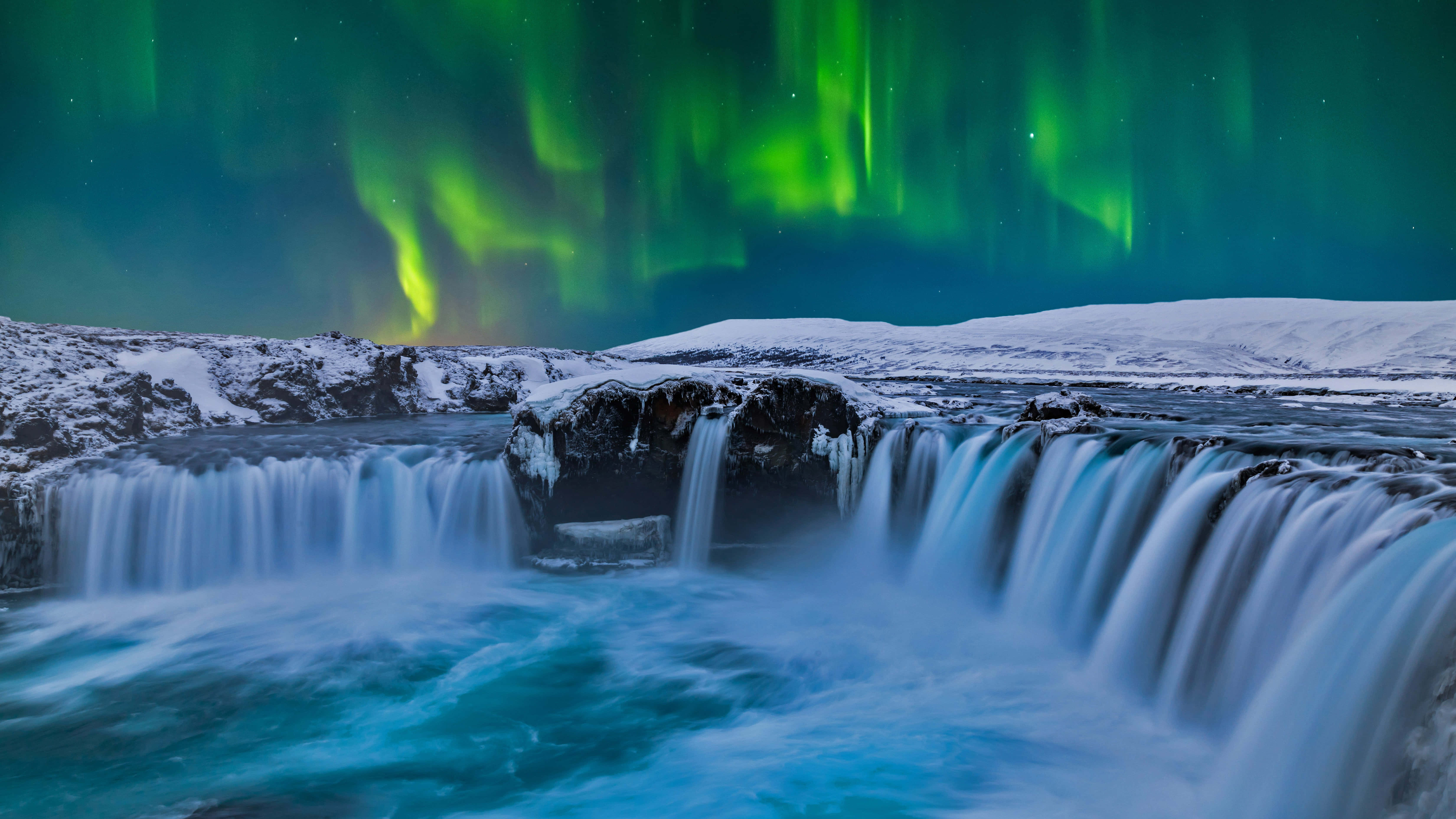Iceland Desktop, aurora borealis, waterfall, 5K Desktop Wallpaper