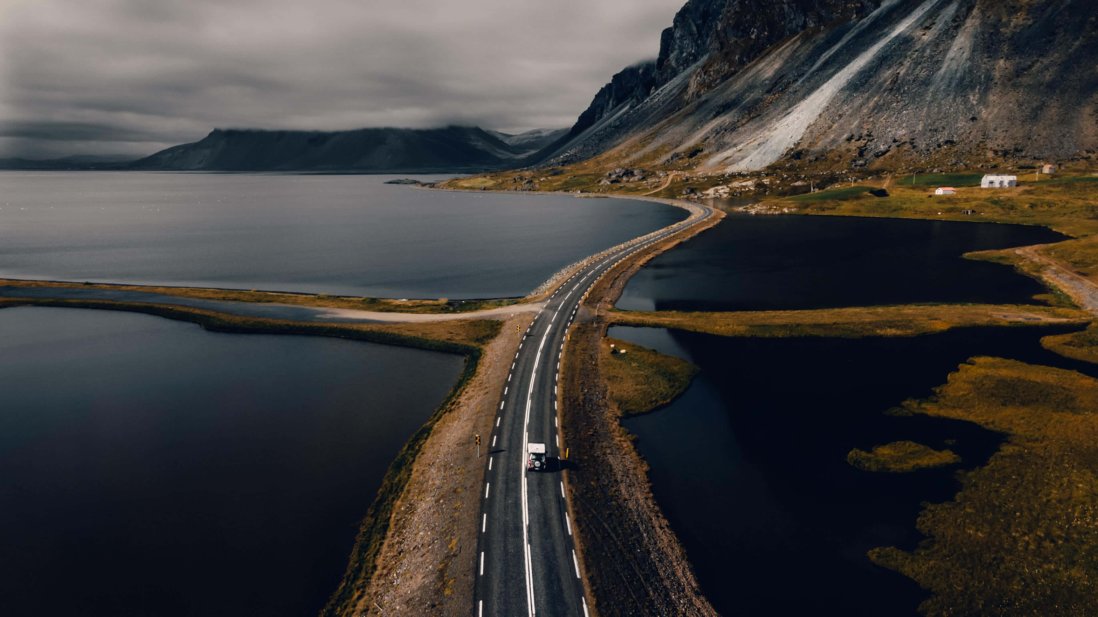 Iceland, winding road, dark waters, 4K Desktop Wallpaper
