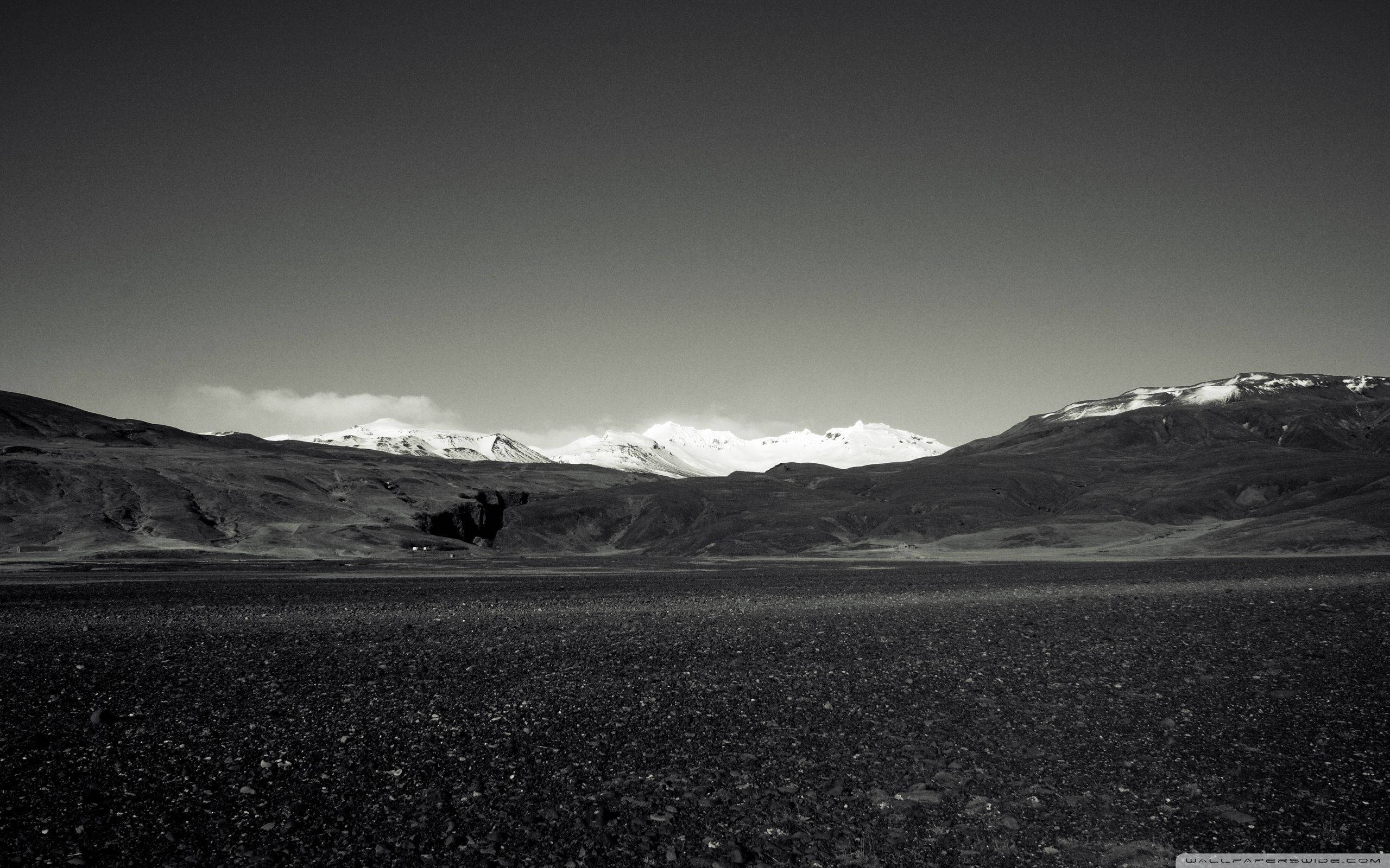 Iceland, black and white, gravel plain, 2K Desktop Wallpaper