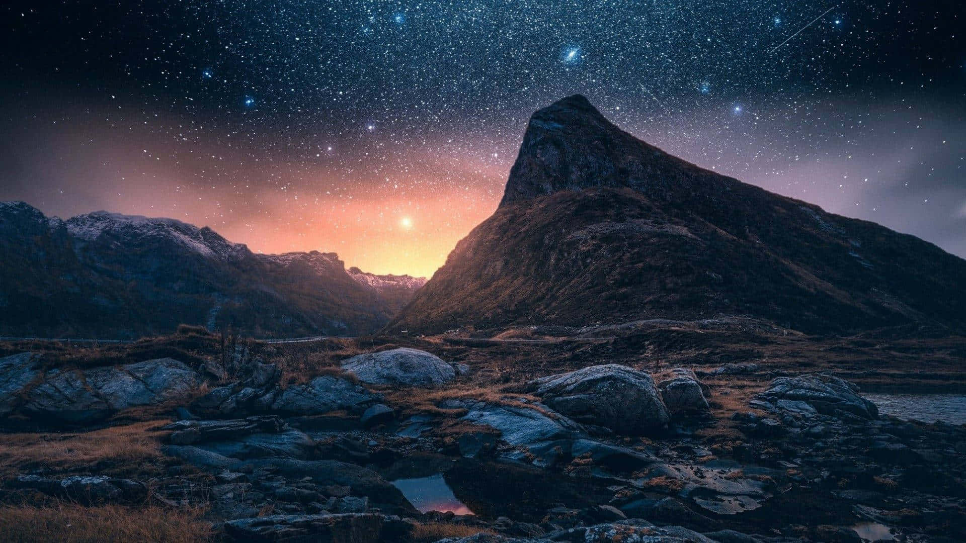 Iceland Desktop, mountain peak, starry night sky, Full HD Desktop Wallpaper